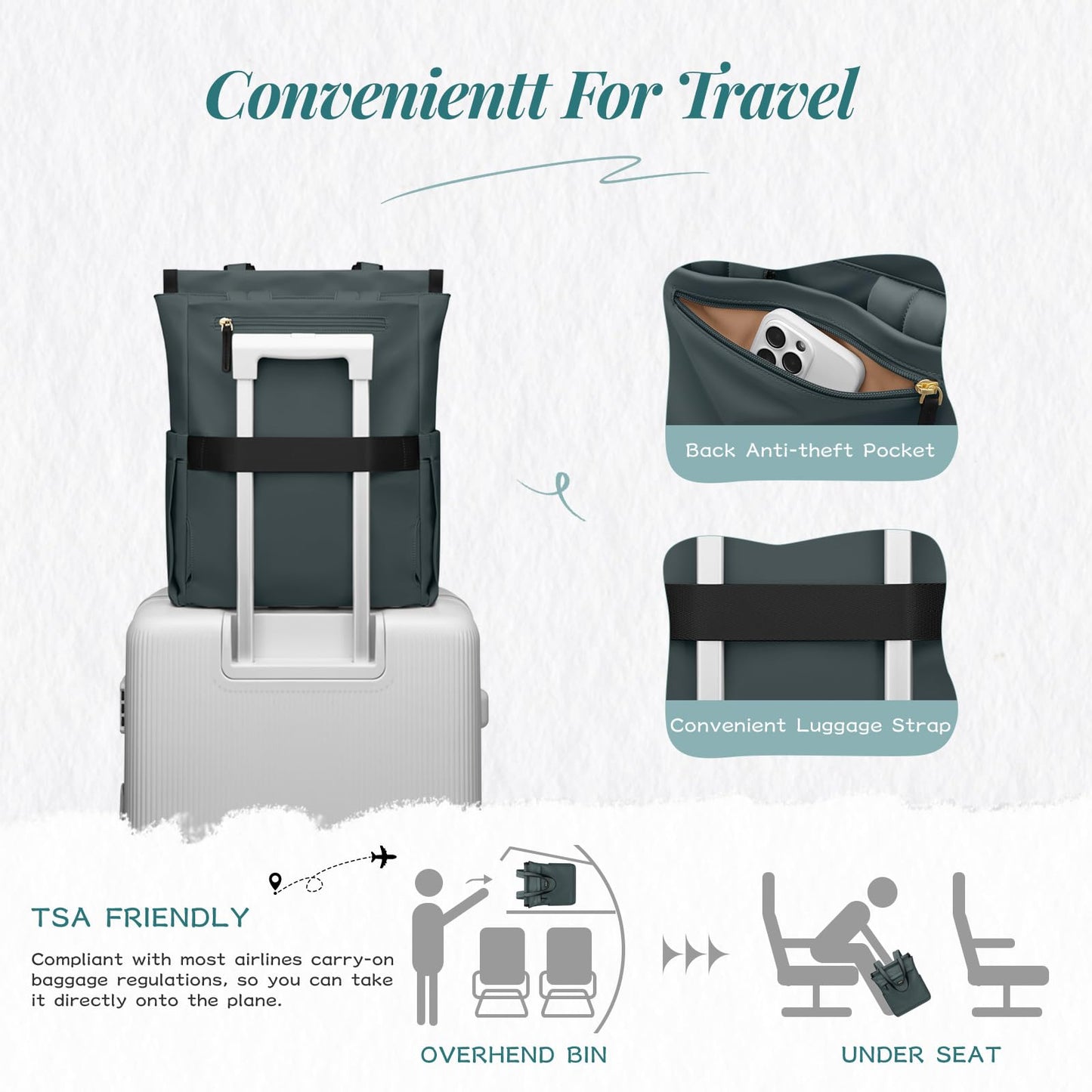 Convertible Laptop Backpack for Women Casual Daypack Notebook Tote Bag for Work College Travel Leisure (Atrovirens)