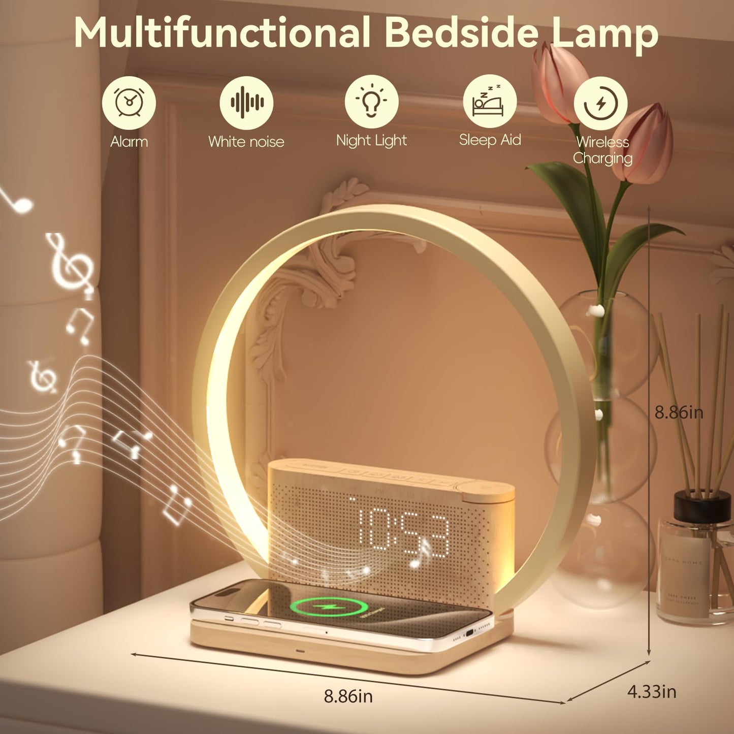 Vivilumens Sunrise Alarm Clocks Wireless Charger, 10 White Noise Sound Machine Alarm Clock with 30/60/90 Mins Timer, 3 Levels Touch Night Light, Dual Clocks for Heavy Sleepers, Ideal Gifts for Her