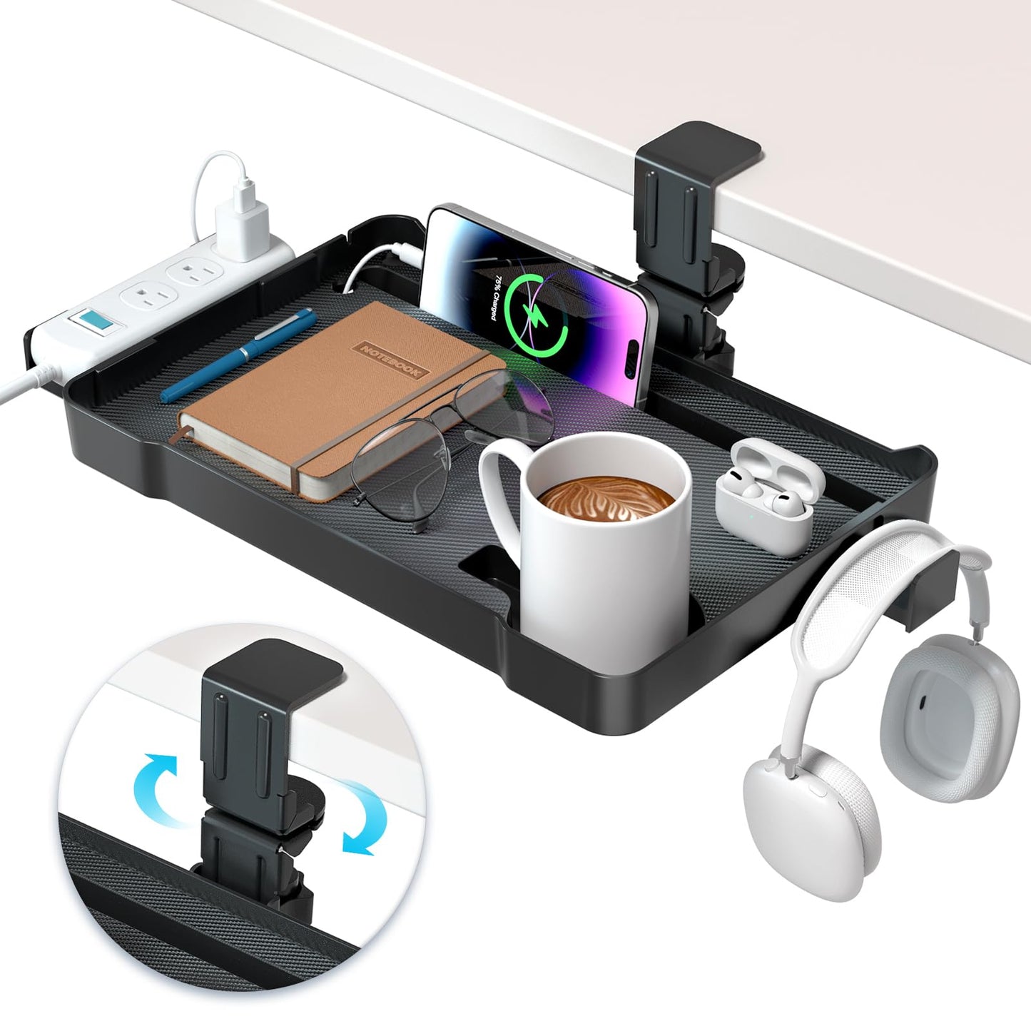 KDD Under Desk Organizer - 360° Rotating Clamp-On Tray with Headphone Hook, Phone&Tablet Holder, Cup Holder, and Cable Management - No Drilling Desk Side Storage Accessories for Office Home Game Room