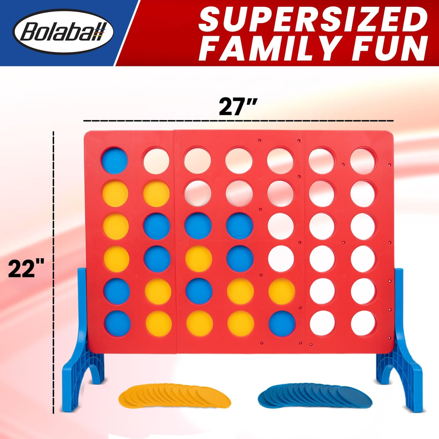Bolaball Giant 4 Connect in a Row | Big Indoor/Outdoor Four in a Row Board Game | Kids and Family Edition | Jumbo Size 27 in by 22 in. | Red, Blue, and Yellow