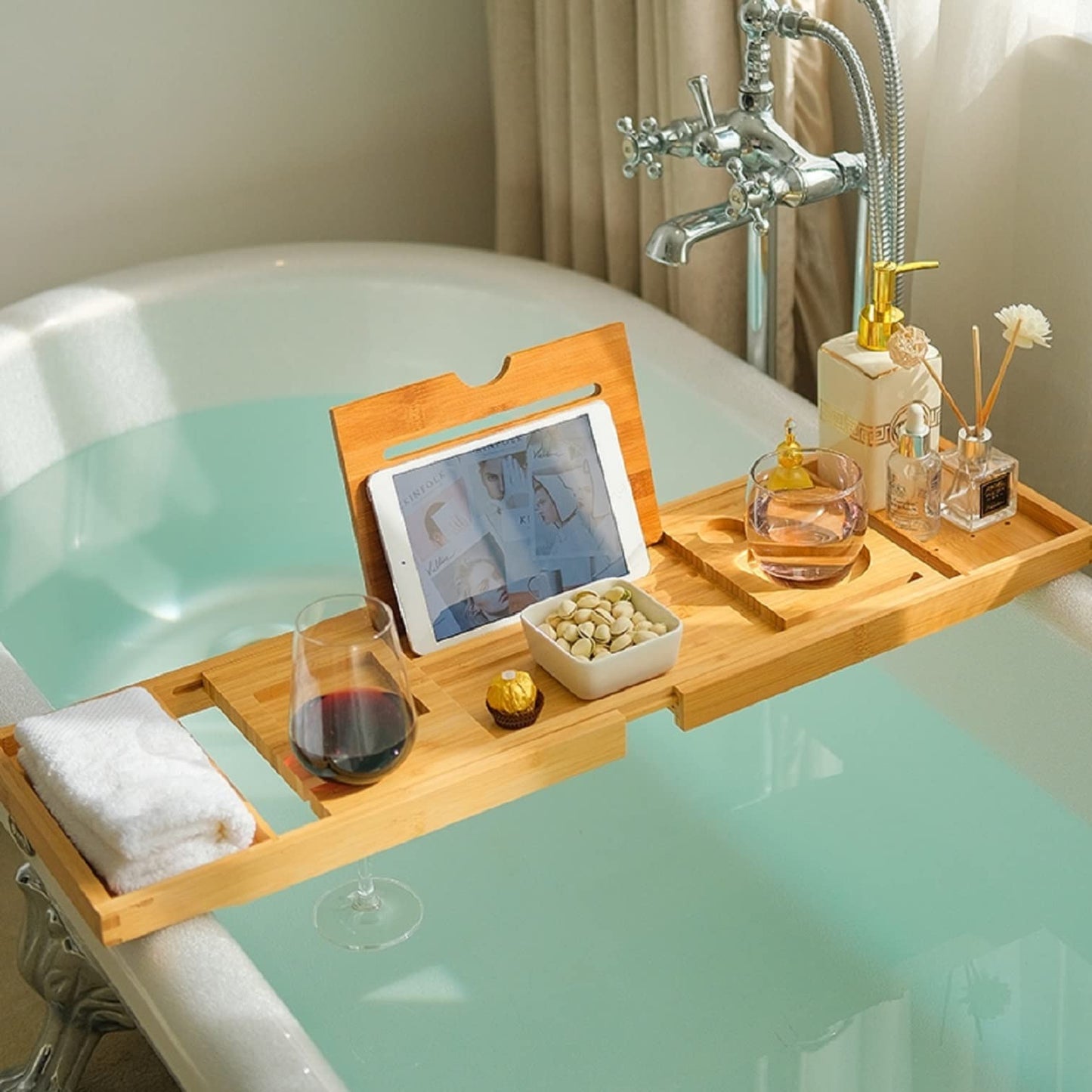 Bamboo Bathtub Caddy Tray, Bath Tub Tray with Towel Holder, Adjustable Bathtub Table with Book Holder, Phone Slot, Cup Placement
