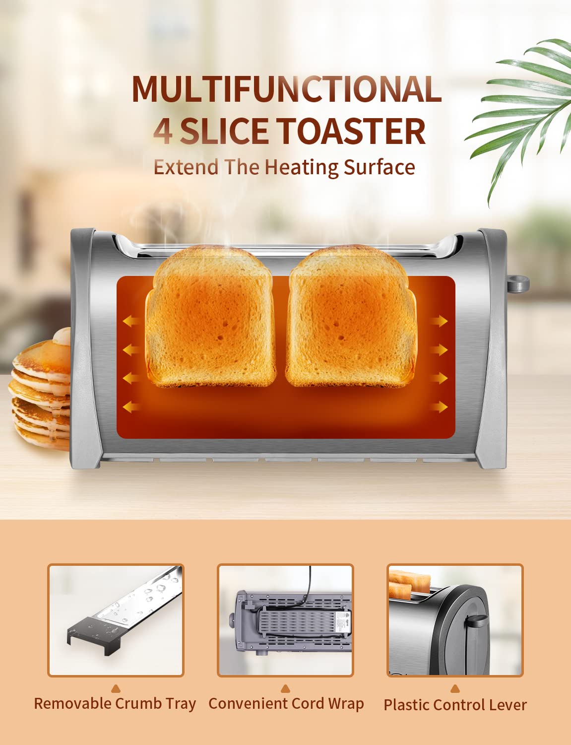 JEWJIO 4-Slice Toaster with Extra-Wide 1.25" Slots & Independent Controls | 1300W for Fast, Even Heating | Defrost, Reheat, Cancel Functions | Removable Crumb Tray Brush Silver