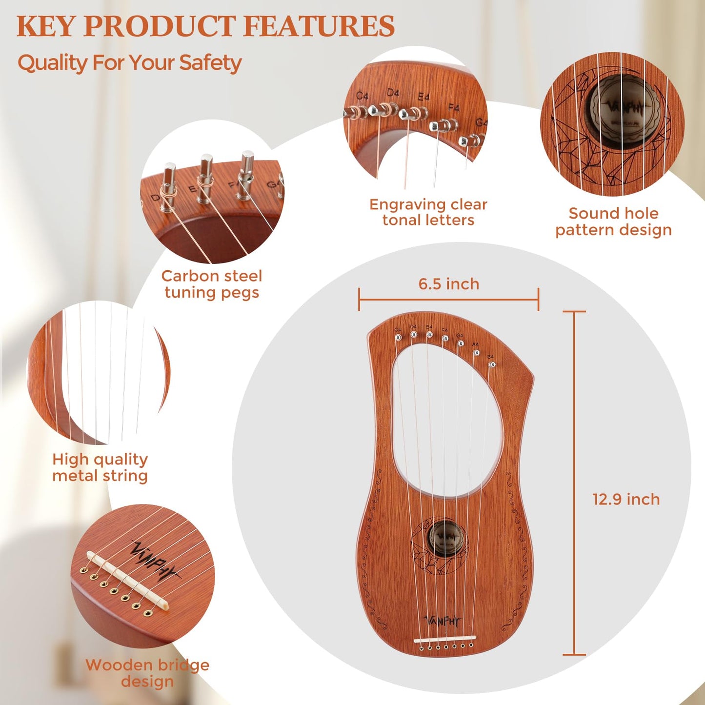 Lyre Harp VANPHY Lyre Harp 7 Strings Mahogany Body Metal String for Beginner Harps Classical Style Harp Instrument with Tuning Wrench Strings Gig Bag (Wood)