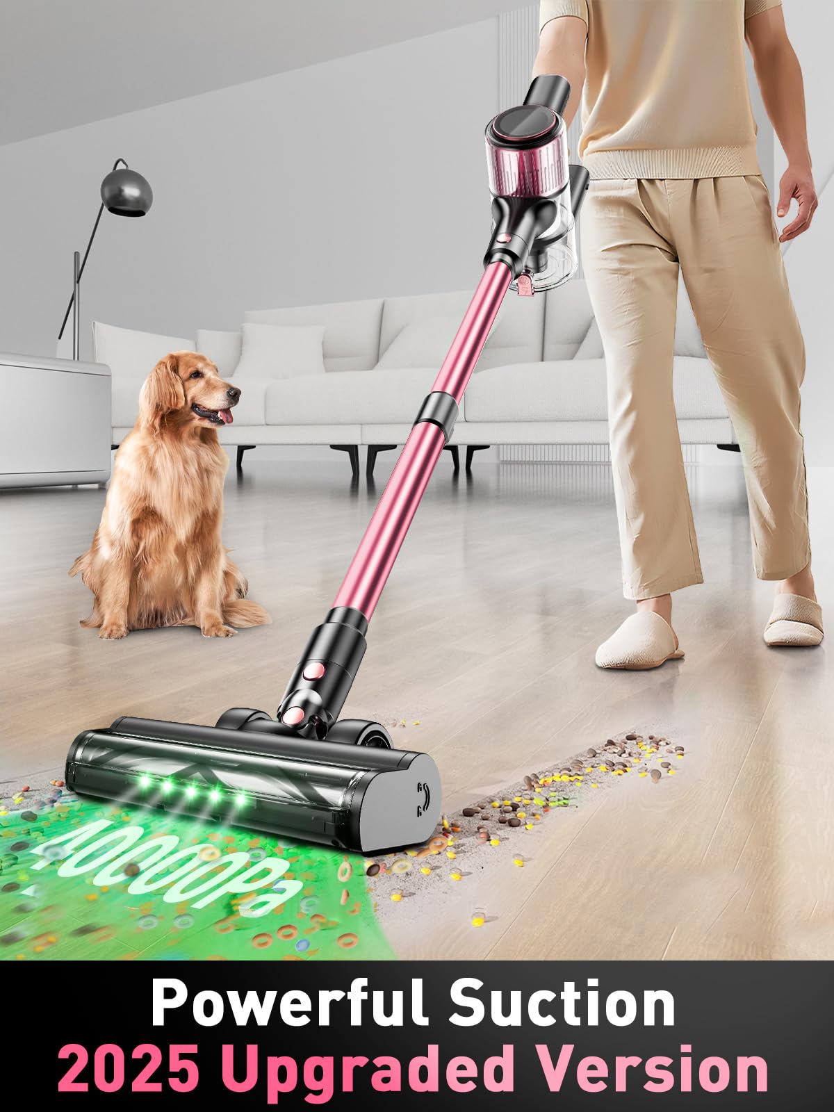 Cordless Vacuum Cleaner, 350W/40Kpa 8 in 1 Powerful Stick Vacuum, with Anti-Tangle Brush and Upgraded Green Light, 45mins Runtime Rechargeable Lightweight Vacuums for Hardwood Floor (Pink)