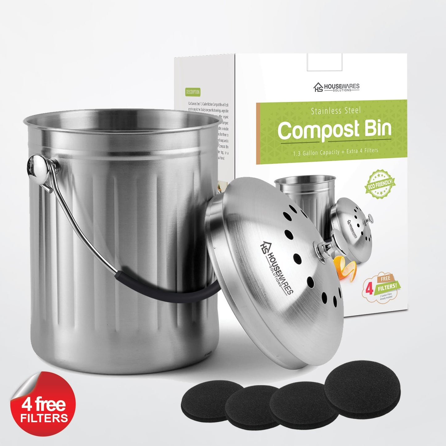 Leak Proof Stainless Steel Compost Bin 1.3 Gallon – Includes 4 Extra Free Filters