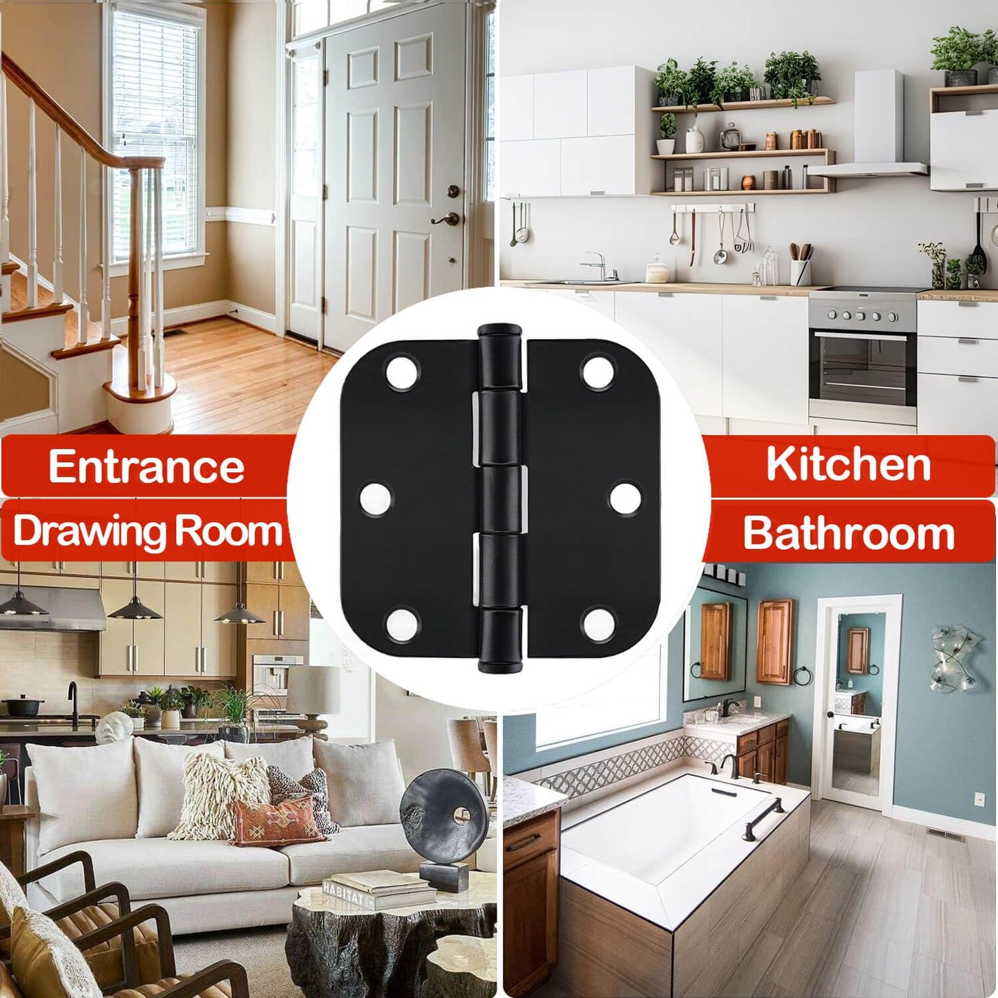 Door Hinges for 3.5 Inch Interior Matte Black Hinges for Rounded 5/8 Radius Bedroom Office Hallway Indoor/Interal Door Hardware Black Door Hinges 18 Pack