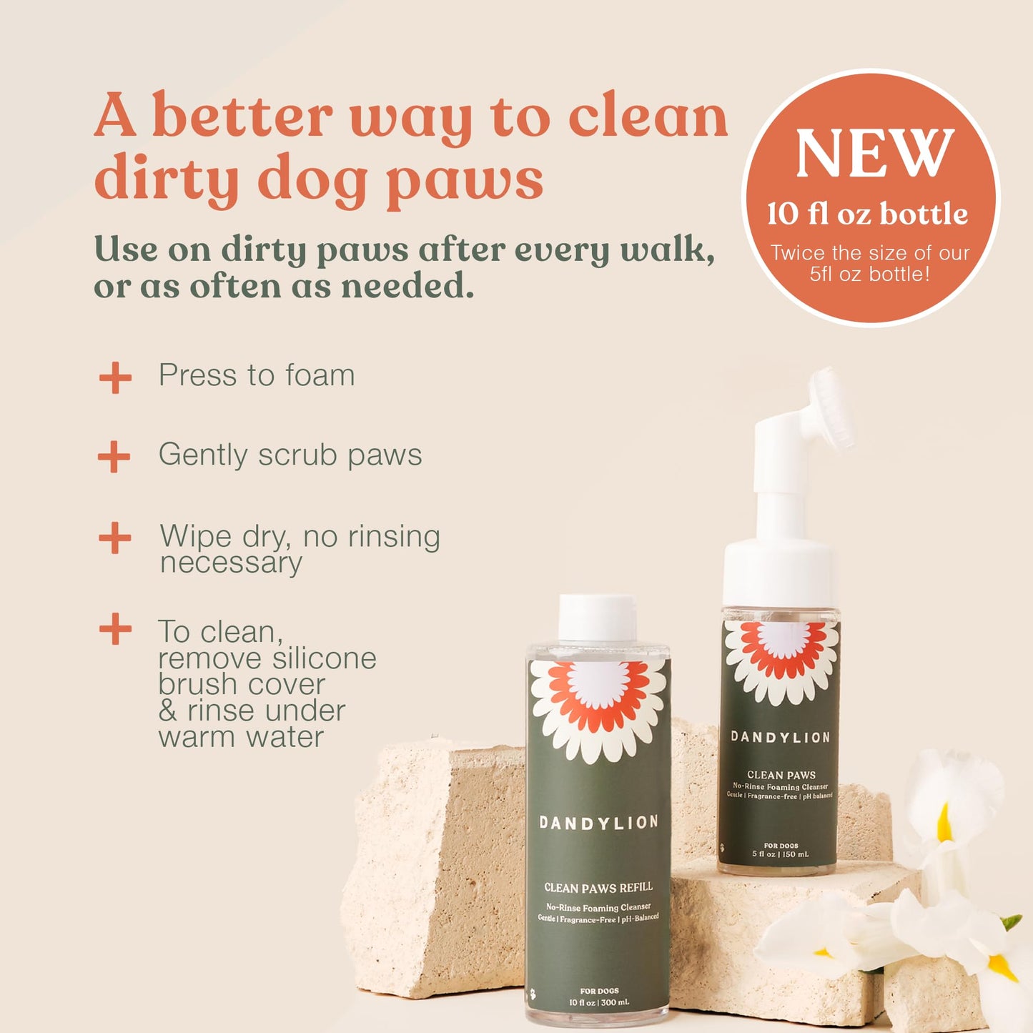 Dandylion Clean Paws Refill | Dog Paw Cleaner & Washer for Muddy Paws | No-Rinse Foaming Cleanser | Gentle, Fragrance-Free, pH Balanced & Safe for Small & Large Dogs | Refill Bottle | 10 fl oz