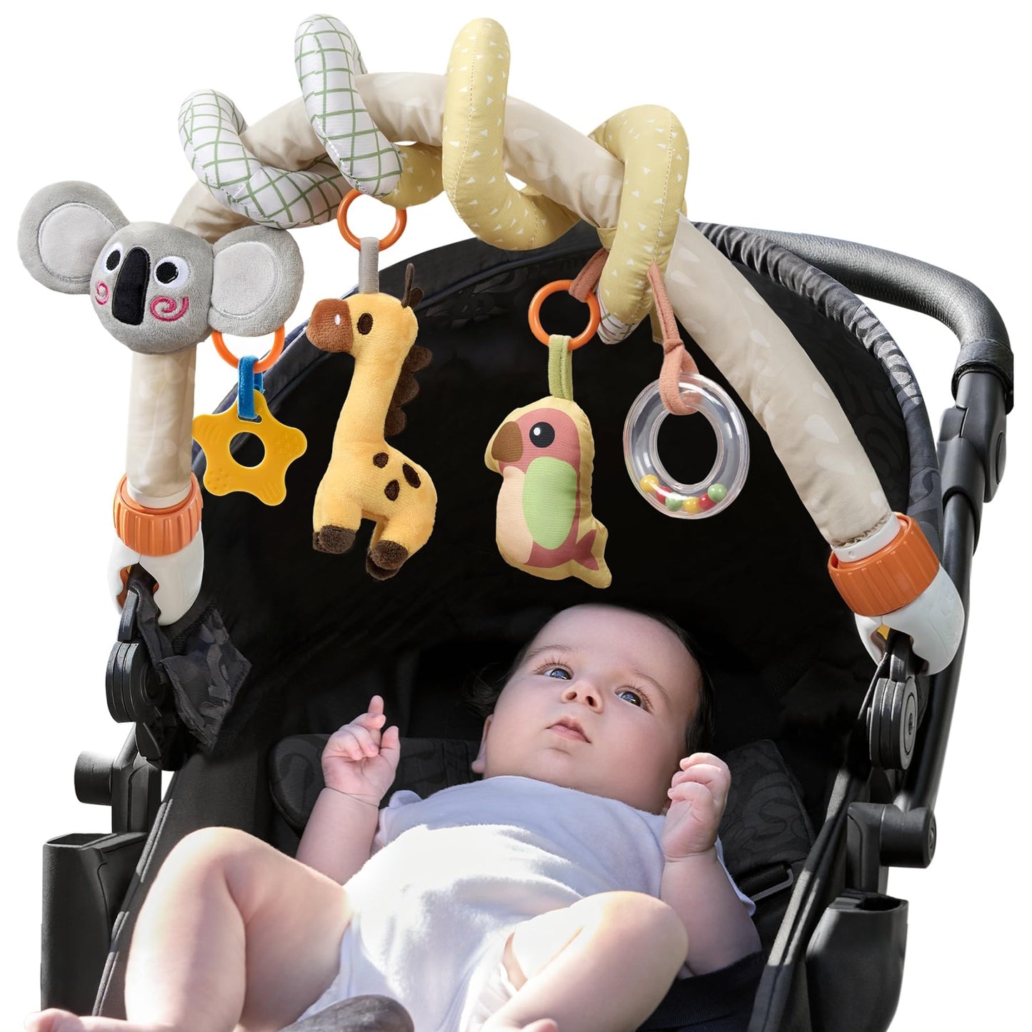 TUMAMA 2 in 1 Spiral Arch Car Seat Toys for Babies 0 3 6 9 12 Months Stroller Toy Baby Hanging Toys with Clip Adjustable Detachable Sensory Travel Crib Bouncer Bassinet Activity Toys