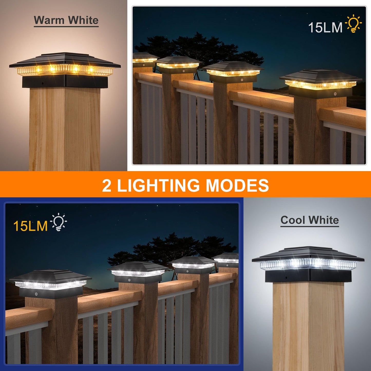 APONUO Solar Post Cap Lights Outdoor 6 Pack, Warm White/Cool White IP65 Waterproof Outdoor for 4X4 6x6 Wood & 4X4 5x5 Vinyl Posts, Auto On/Off Deck Fence Garden Patio Lights Decor, Black