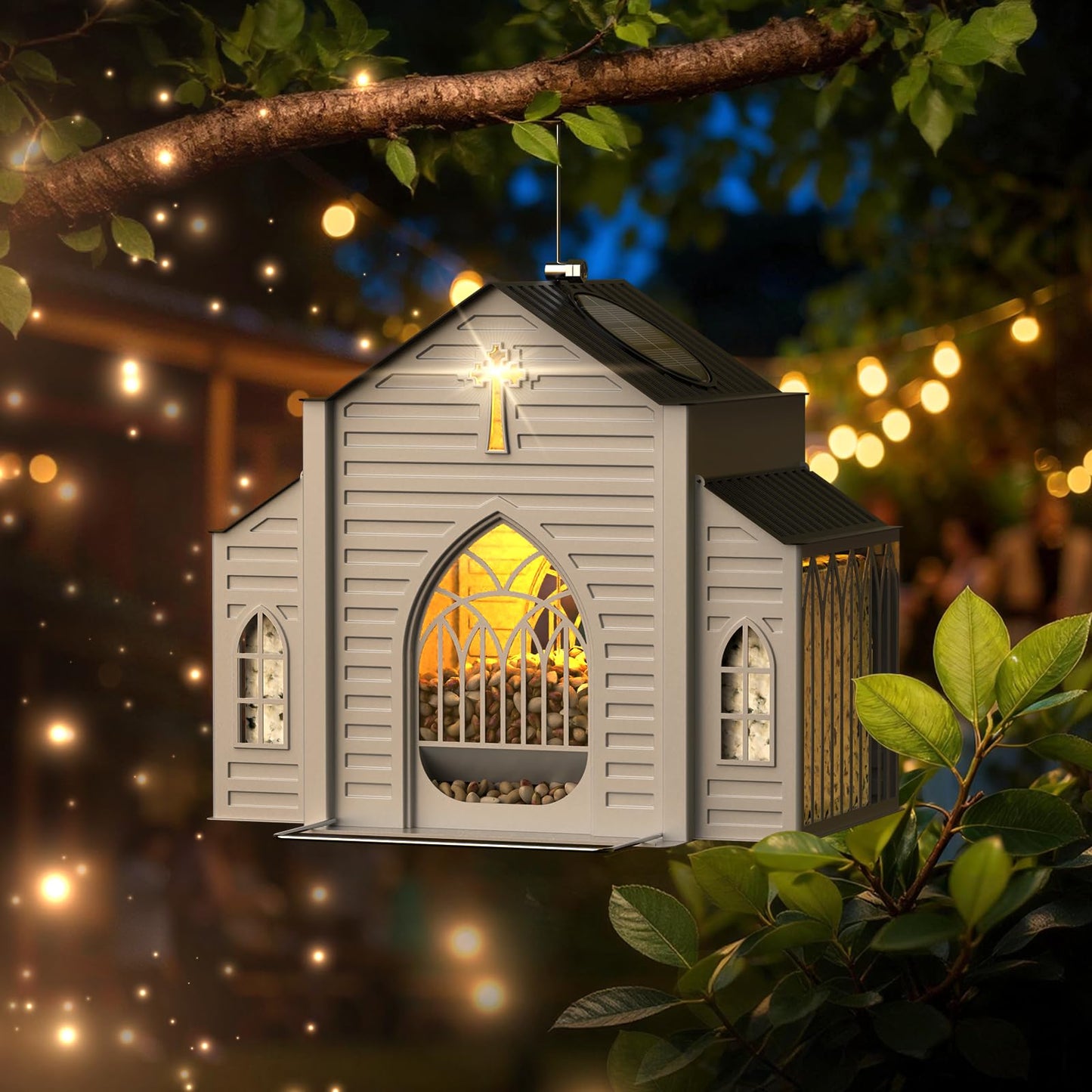 MrCrafts Nature Solar-Powered Metallic White Hanging Suet Bird Feeder, Bird Feeder with Cross Decoration, Outdoor Garden Wildlife Bird Feeding Station