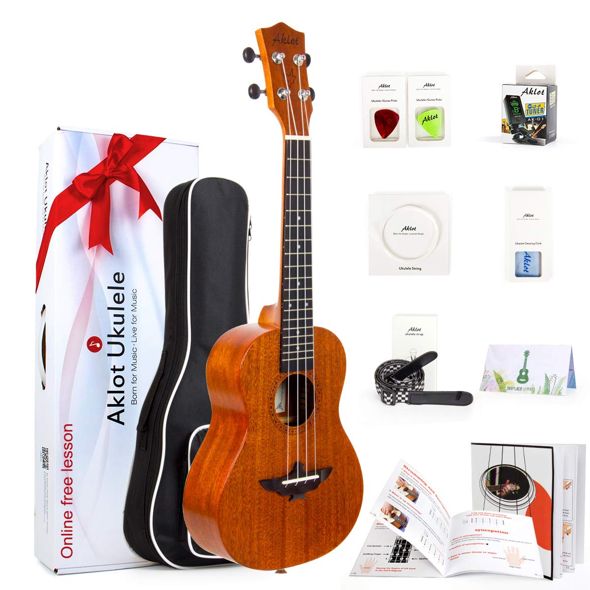 AKLOT Concert Ukulele Solid Mahogany Ukelele 23 inch Beginners Starter Kit with Free Online Courses and Ukulele Accessories (AKC23)