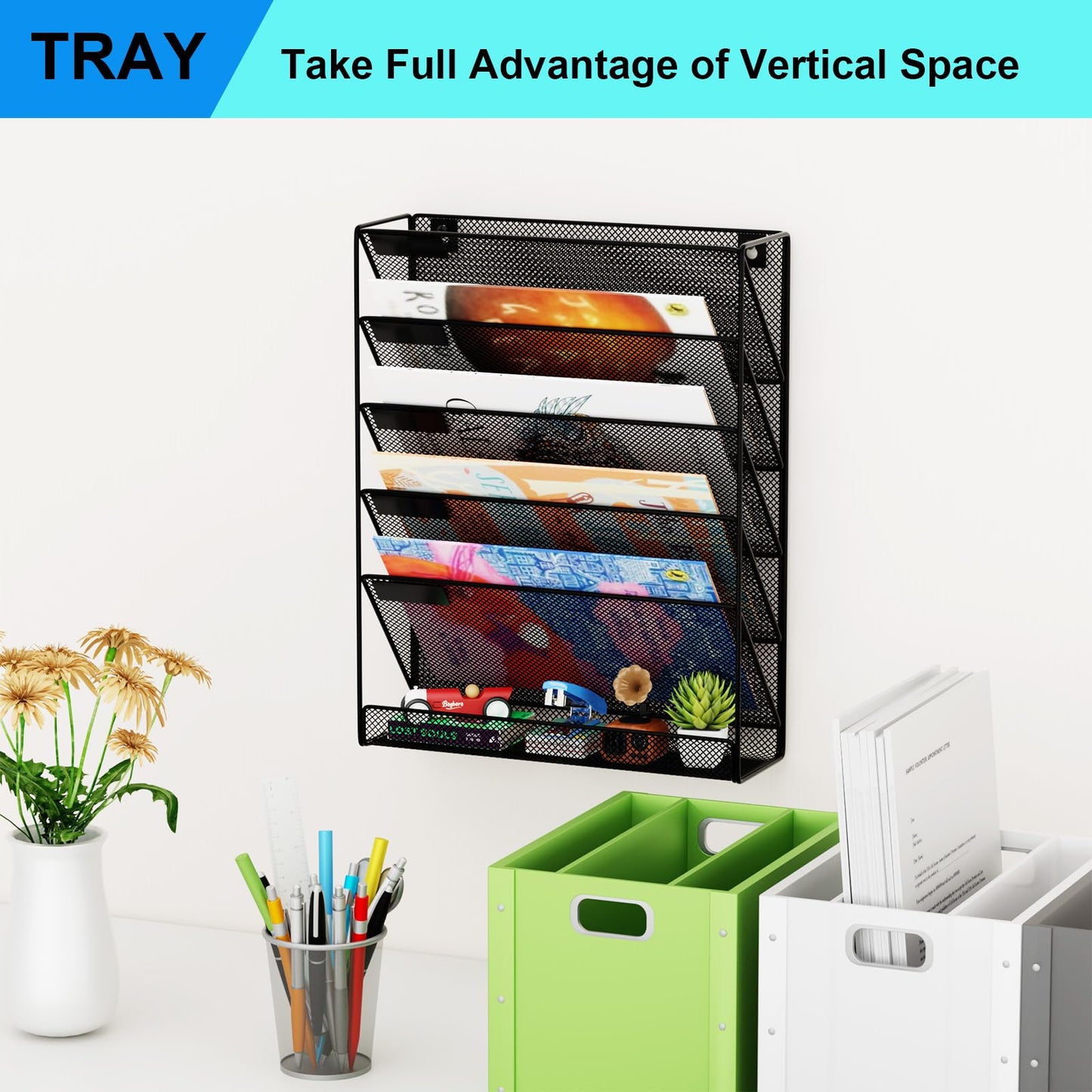 GDINDINFAN Wall File Organizer Holder Mesh Hanging Paper Document Holder,Vertical 6 Pocket Tier for Office Home, Black
