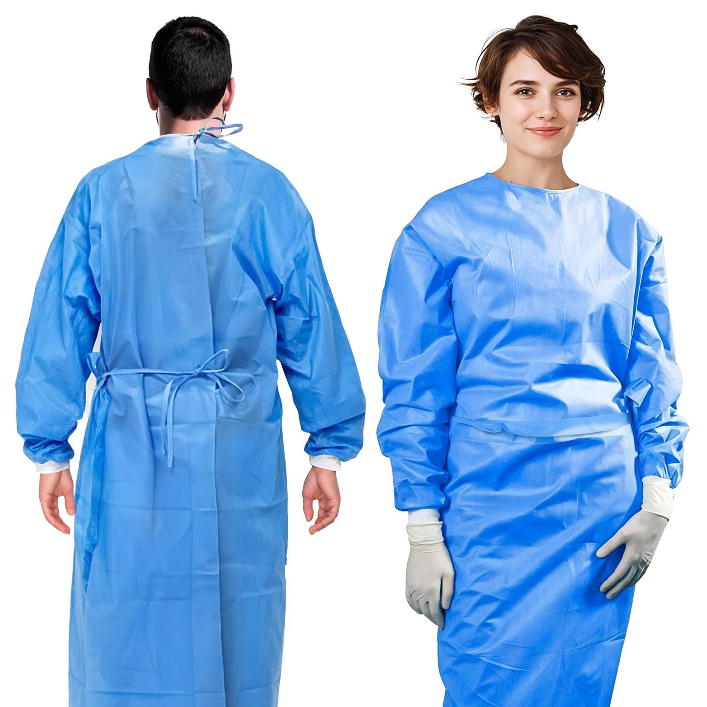 AMZ Disposable Robes. Pack of 10 Blue Polypropylene Fabric Frocks. Large Robes with Elastic Wrists, Wrap-Around Neck Ties and Extra Long Wrap-Around Waist Ties. Unisex Poly Clothing.
