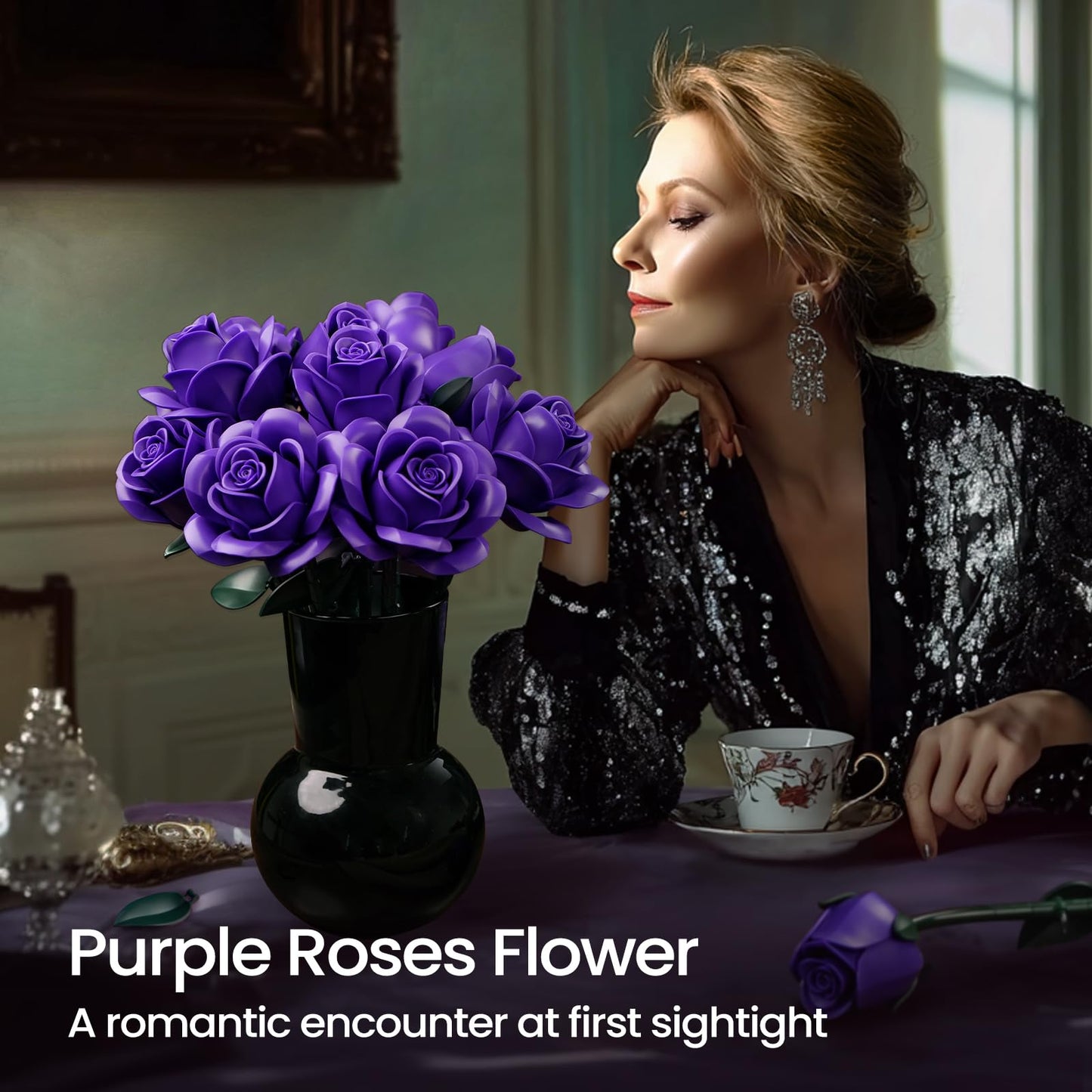 Botanicals Purple Rose Bouquet Building Set,Artificial Flowers Botanical Collection Blocks Kit,Compatible with Lego,for Adults Women Teengirls Gift for Valentines Halloween Christmas Gothic Home Decor