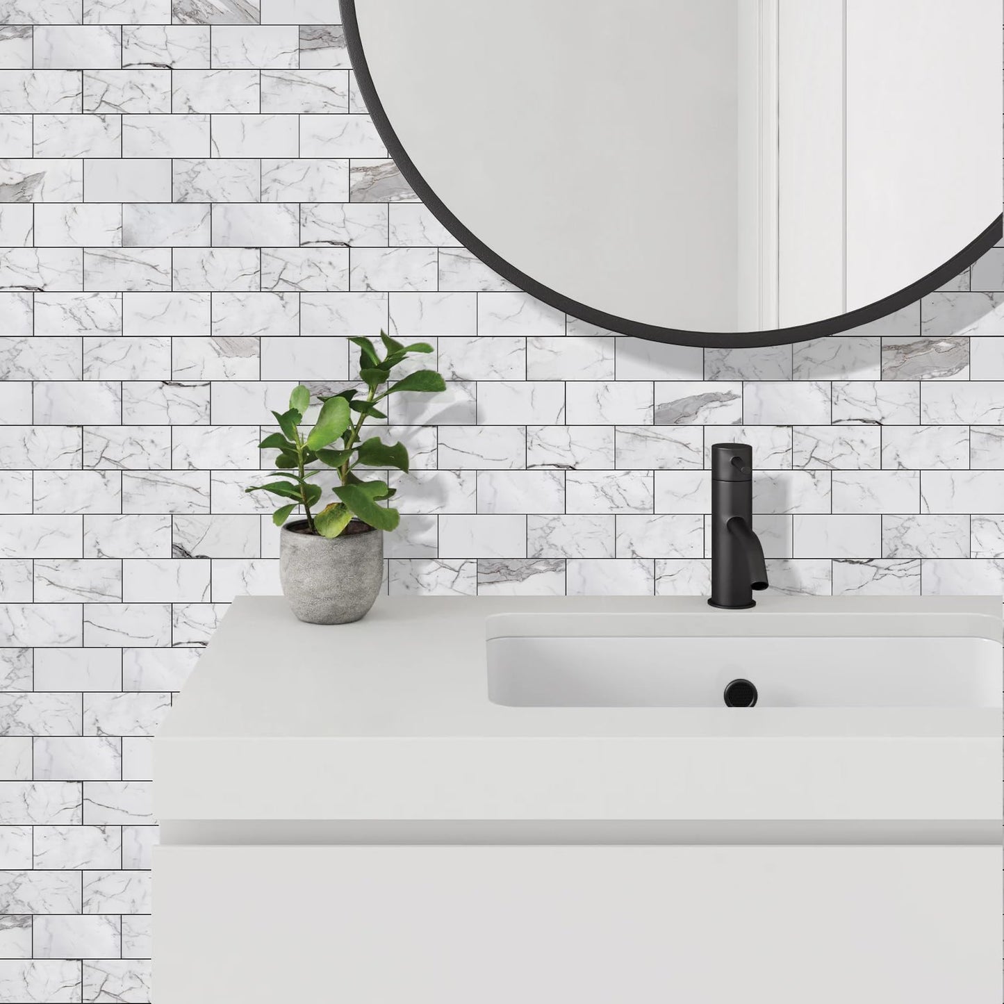 Vamos Tile 100-Piece Glossy Statury White Peel and Stick Backsplash Tile,3''x6'' PVC Subway Tile with Dark Gray Grout, Stick on Backsplash for Kitchen/Bathroom/Fireplace