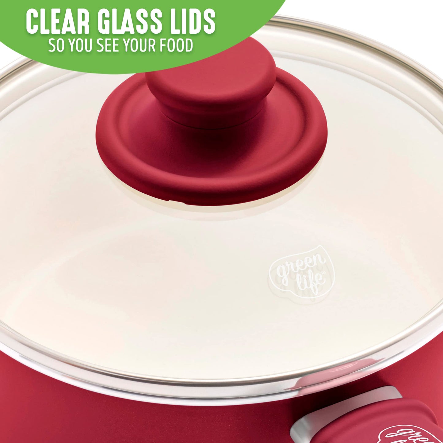 GreenLife Soft Grip 1QT and 2QT Saucepan Set, Non-Toxic PFAS-Free Ceramic Nonstick, Glass Lids, Stay Cool Handles, Wobble Free Base, Dishwasher & Oven Safe, Easy Clean, Multipurpose, Red