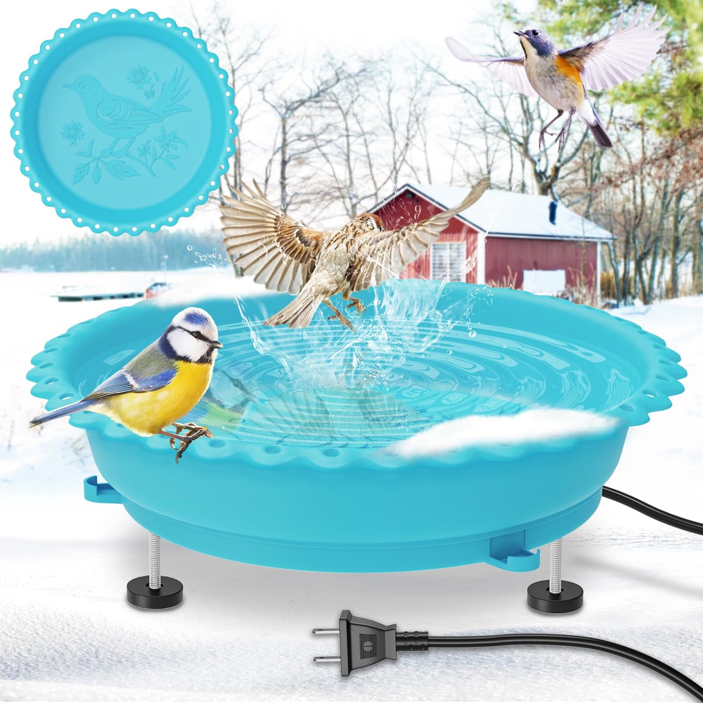 ODSNANIE Heated Bird Bath for Outdoors Winter,100W Thermostat Control Heated Bird Bath for Outside with 3 Metal Extension Screws Large Capacity Heated Birdbath for Outside Garden Yard Lawn (Blue)