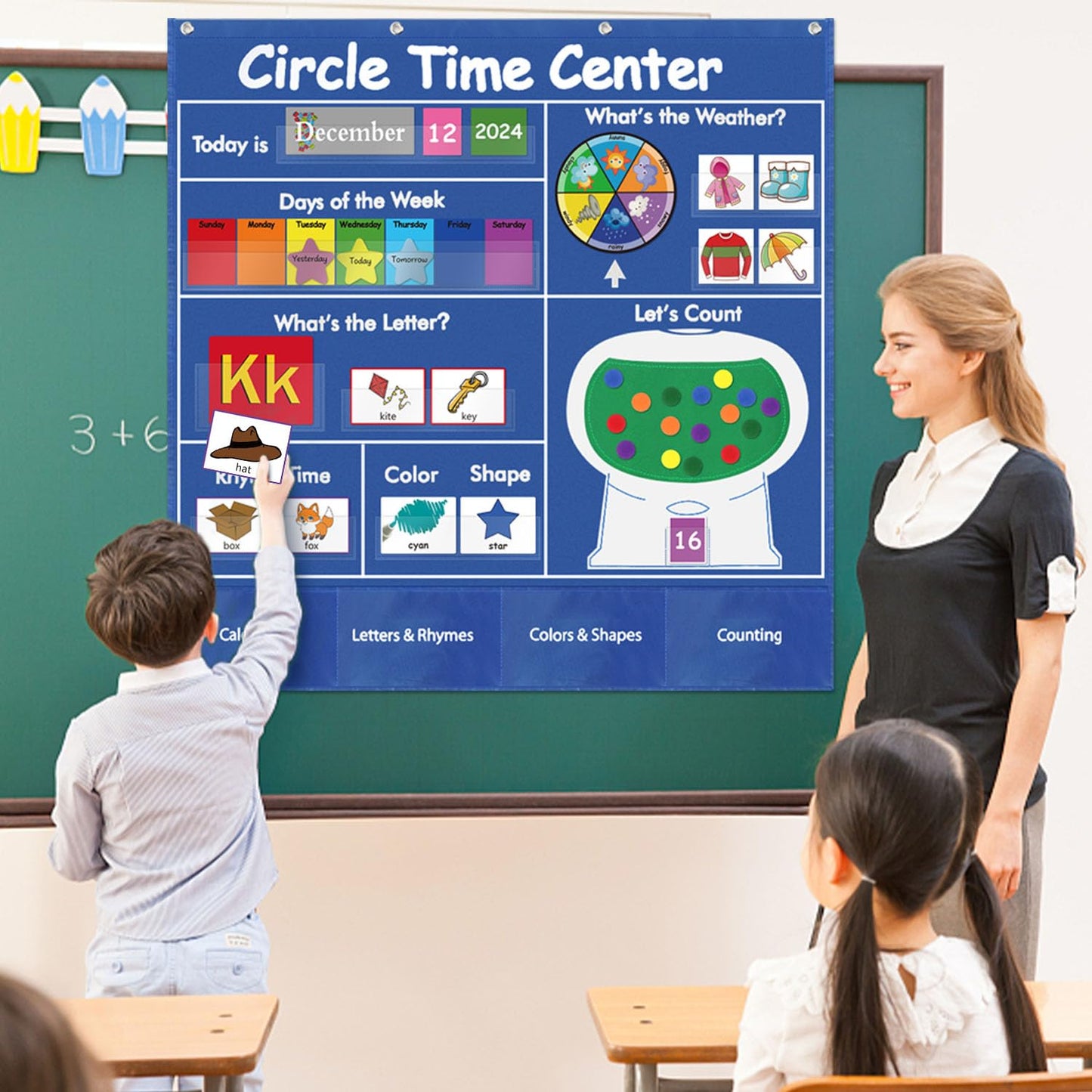 Circle Time Learning Center Pocket Chart, Kids Calendar for Classroom, Educational Pocket Chart Learning Calendar Weather Letter Counting Rhyme Color Shape