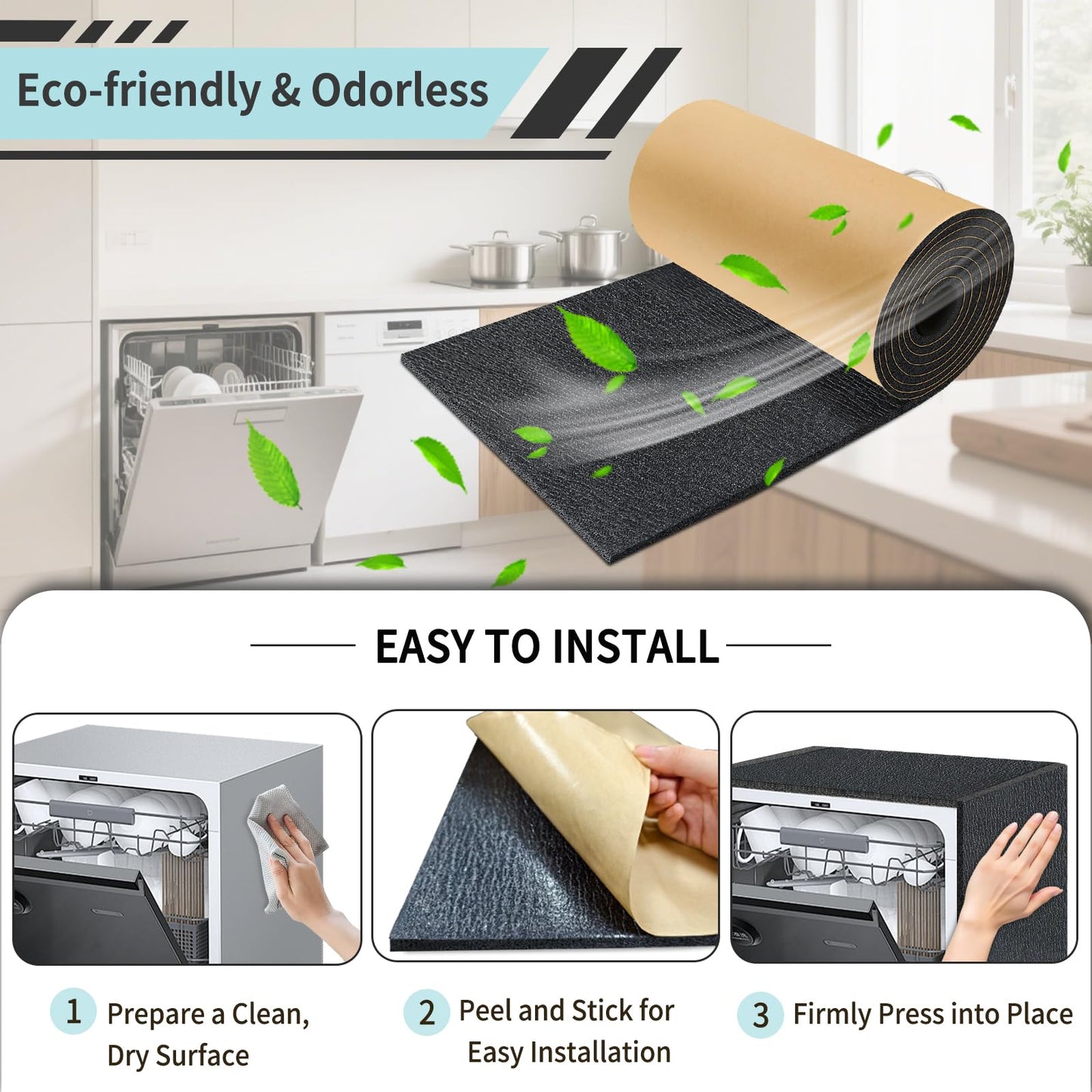 TroyStudio Dishwasher Sound Insulation Blanket, Self-Adhesive 13'' x 196" Noise Cancelling Sheet, Acoustic XPE Foam, Heat Shield, Waterproof Cotton for Washing Machine, Clothes Dryer, Refrigerator