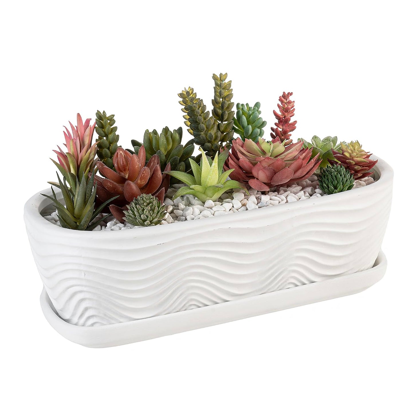 MyGift 13.5 inch Succulent Planter Pot, Oval Modern Ceramic Plant Box Container with Wave Textured Pattern and Removable Saucer Drip Tray (White)