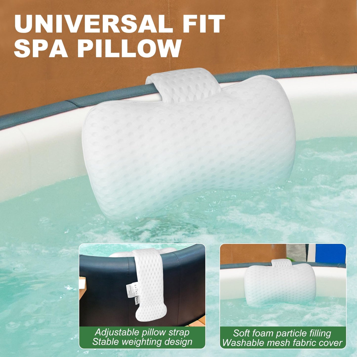 Hot Tub Pillow for Outdoor(2-Pack), Universal Spa Headrest Pillow for Bathtub, Lounge Chair Pillow, Universal Head and Neck Support Bath Pillow with Adjustable Strap