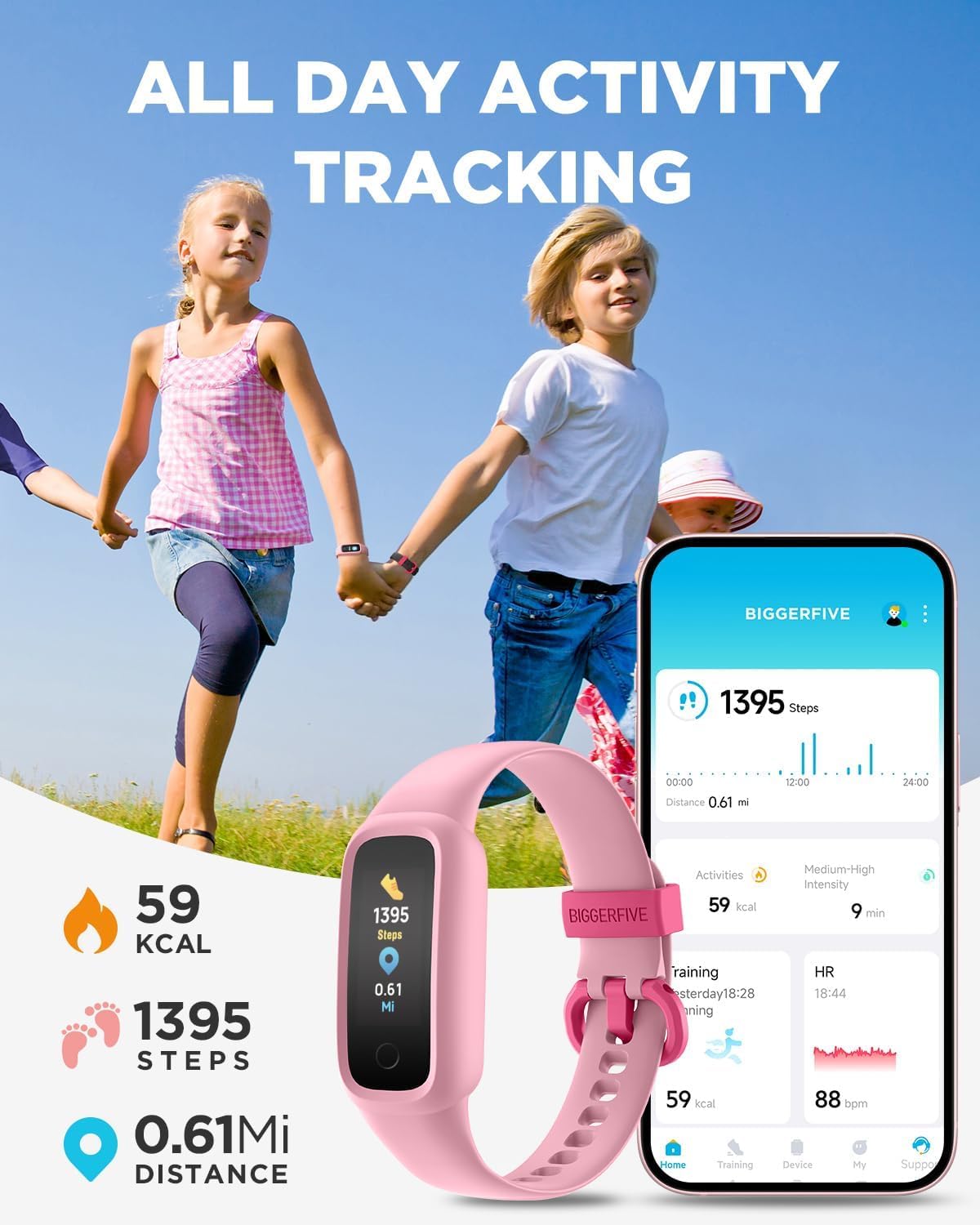 BIGGERFIVE Vigor 2 L Kids Fitness Tracker Watch for Boys Girls Ages 5-15, Activity Tracker, Heart Rate Sleep Monitor, IP68 Waterproof, Pedometer, Calorie Step Counter Watch, Pink