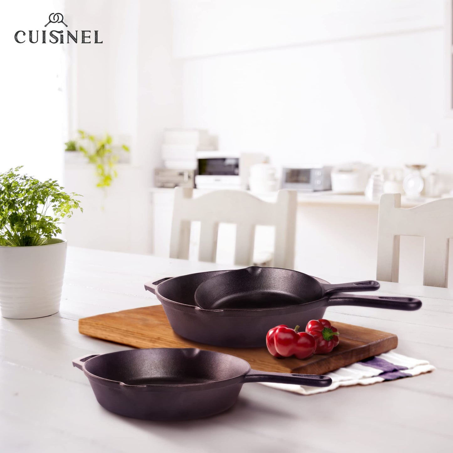 Cast Iron Skillet Set - 8" + 10" + 12"-Inch Pre-Seasoned Frying Pans + Silicone Handle Grip Covers - Indoor/Outdoor, Oven, Grill, Stovetop, BBQ, Fire and Induction Safe Kitchen and Camping Cookware