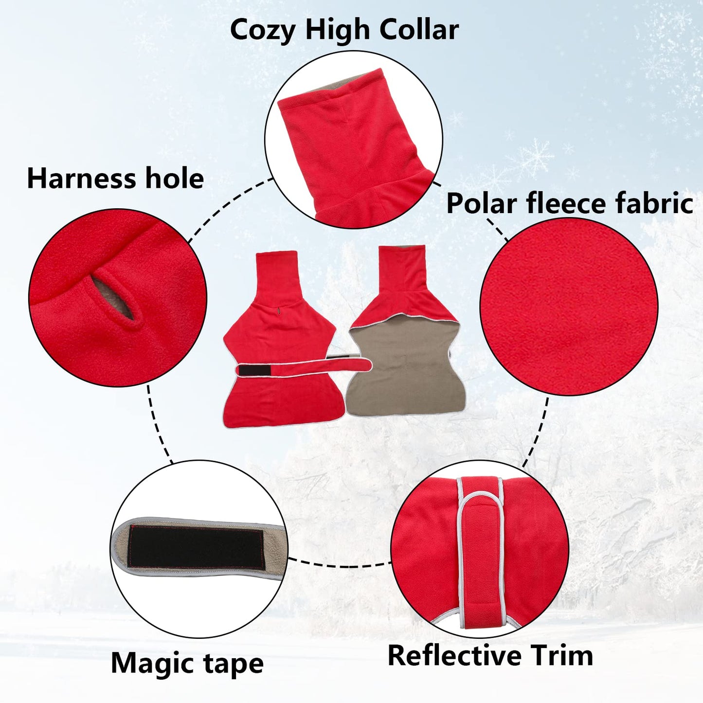 Greyhound Cosy Fleece Jumper, Dog Winter Coat with Warm Fleece Lining, Outdoor Dog Apparel with Adjustable Bands for Medium, Large Dog -Red-XXL