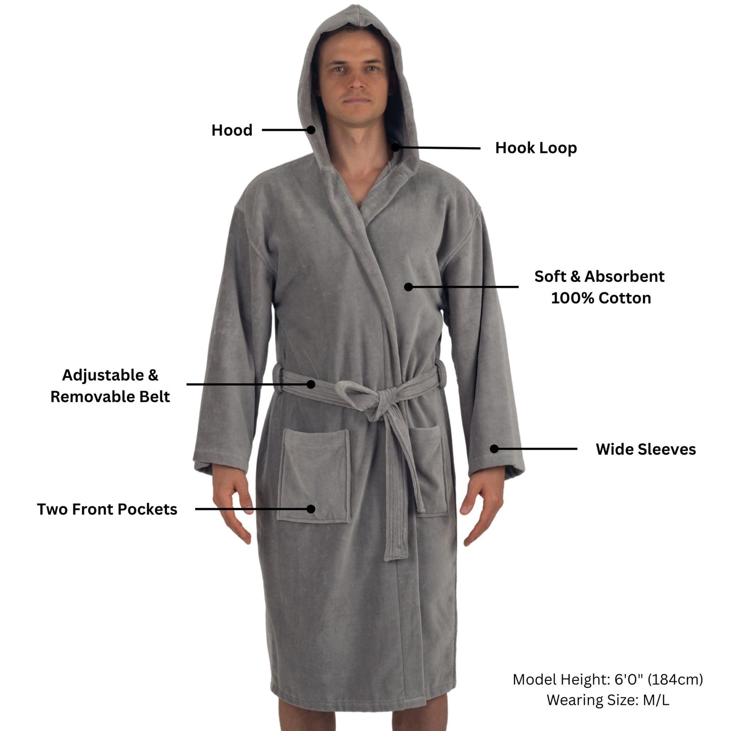 Alpine Swiss Dane Mens Hooded Bathrobe Pure Cotton Terry Cloth Long Robe for Men Super Absorbent Quick Drying Luxury Spa Robe GRY XL/2XL