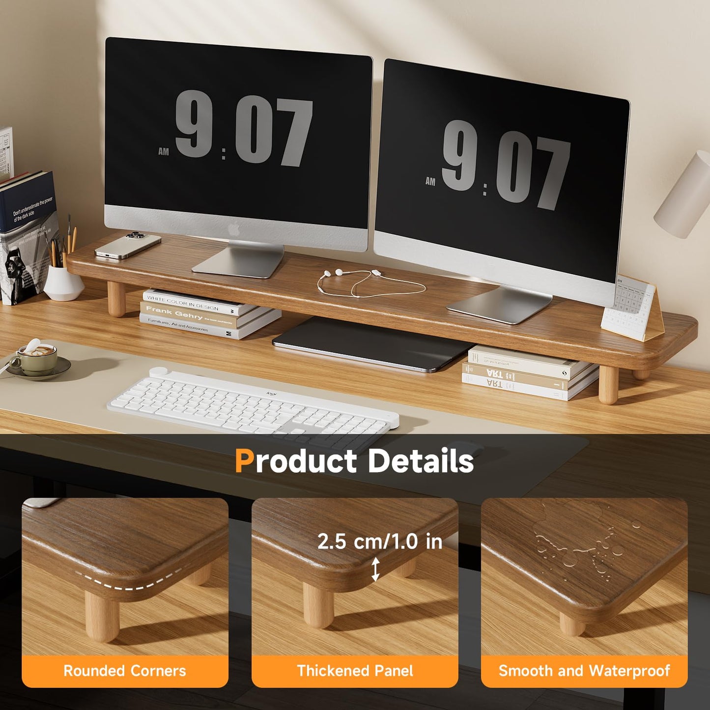 NestNeat Dual Monitor Stand - 100cm Large Wood Monitor Stand Riser, Holds 100kgs Ultra Strong Support for 2 Monitor/Laptop Computer/TV/PC/Printers,Desk Organizer for Gamming Room&Office,Extension Monitor Stand Riser