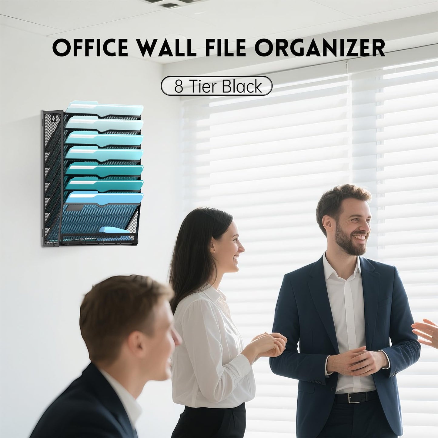 JMHUD 8-Tier Hanging Wall File Organizer with 5 Hooks, Mesh Wall File Holder Vertical Mount Mail Organizer for Papers, Folders, Magazines, Bills, Office and School, Black