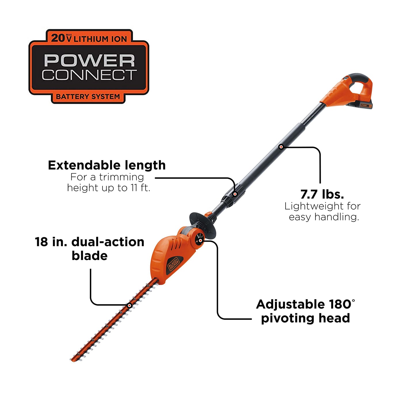 BLACK+DECKER 20V MAX* Cordless Pole Hedge Trimmer 18in, Dual Action Blades, Cut up to 11 ft High (LPHT120-CA)
