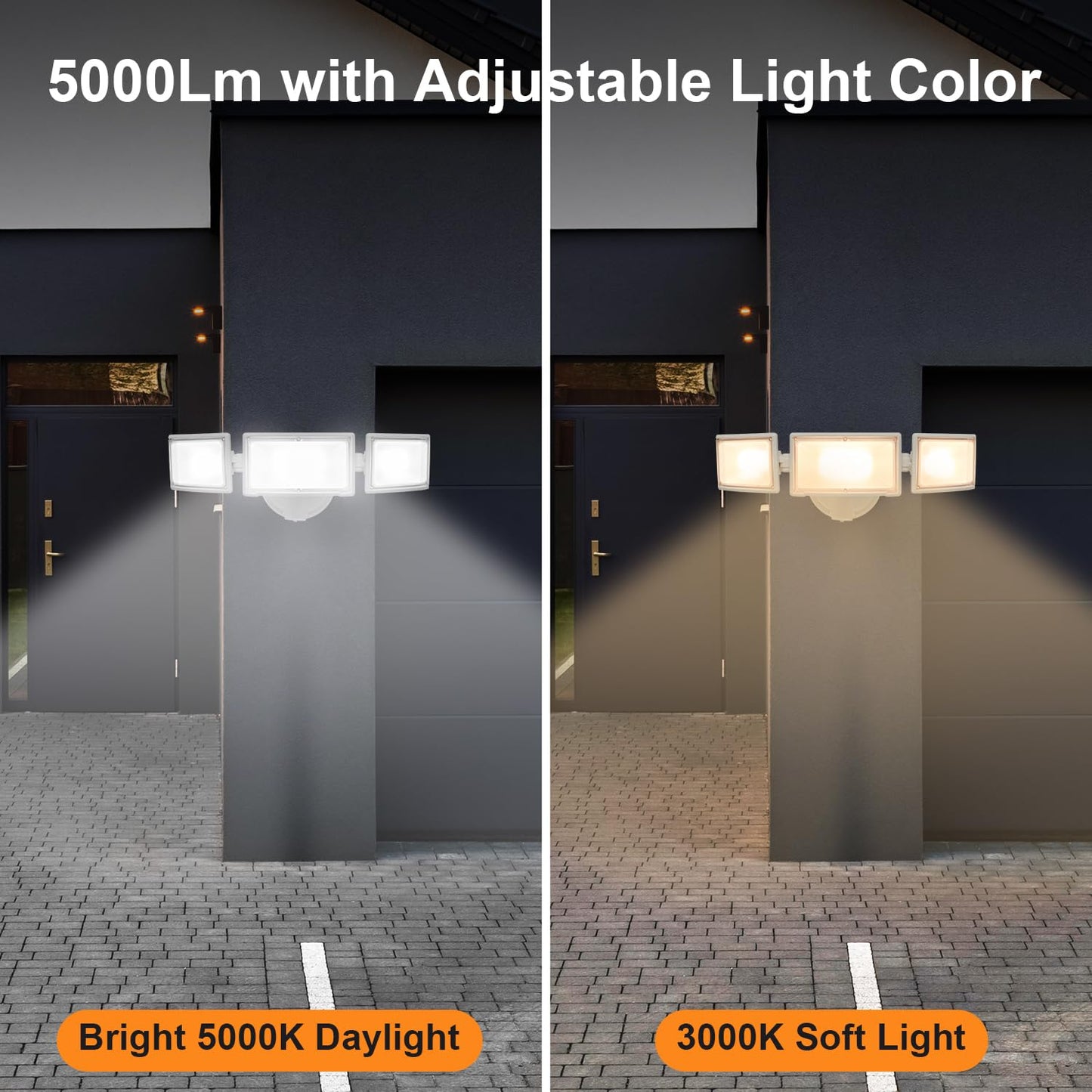 CELAVY 50W LED Flood Light Outdoor, 5500 Lumen Super Bright Exterior Security Lights, 3000K/5000K Light, IP65 Waterproof Wall/Eave Mount Flood Light 3 Adjustable Heads for Garage, Yard (White)