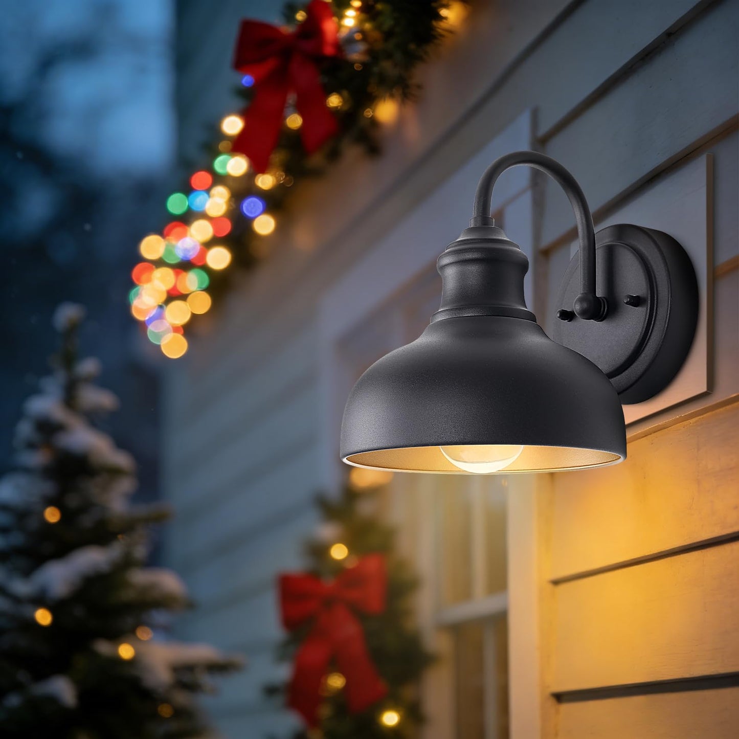GOALPLUS Outdoor Gooseneck Barn Lights for Porch, 7in. Dome Exterior Farmhouse Light Fixture with Wall Mount, Small Black Wall Lighting with Brass Interior, Outside Wall Sconce for Garage, Patio