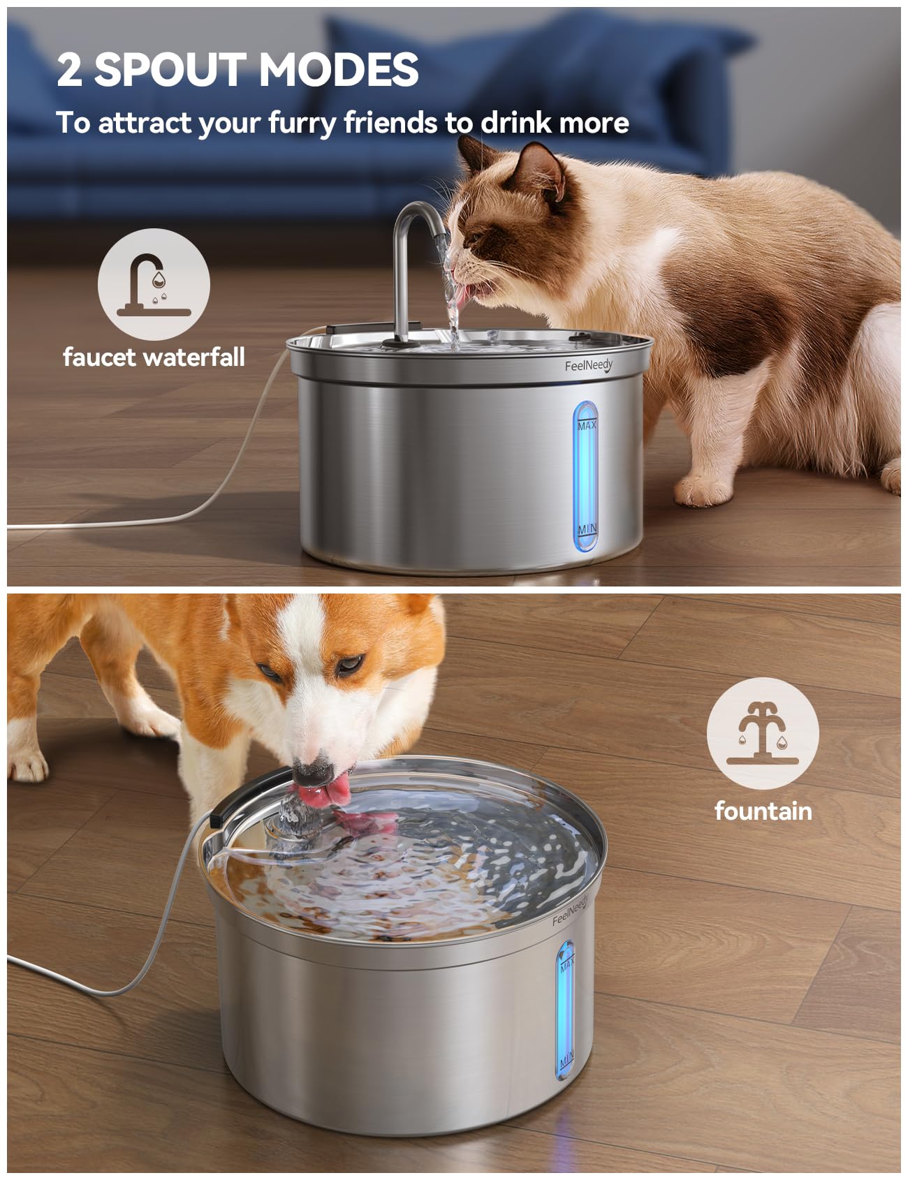 Cat Water Fountain Stainless Steel, FEELNEEDY 118oz/3.5L Pet Water Fountain Indoor, Cat Fountain,Dog Water Fountain,Cat Drinking Water Fountain with 3 Filters Replacement (FN-W08)