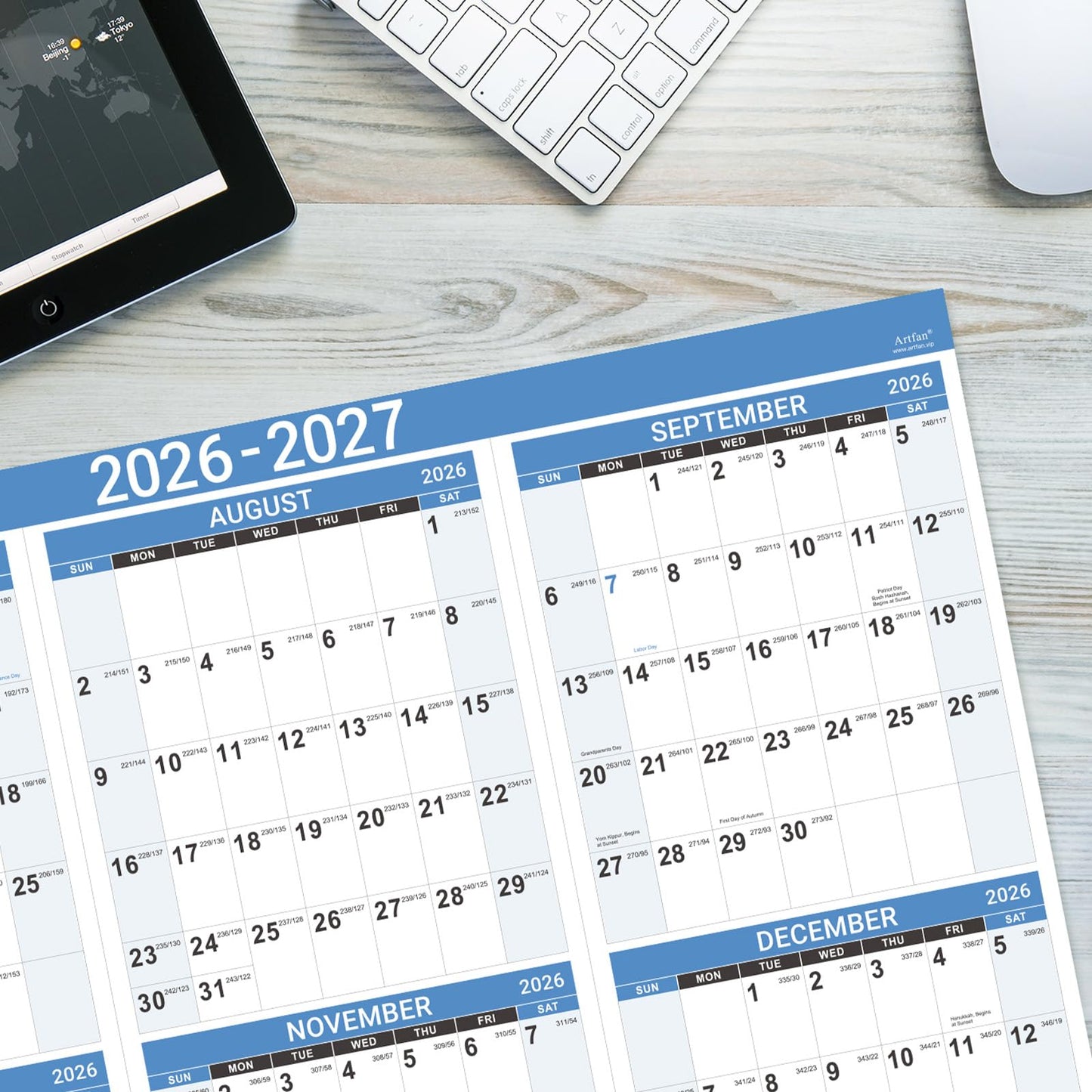 2026-2027 Wall Calendar - 2026-2027 Yearly Wall Calendar, July 2026 - June 2027, Calendar 26-27, 34.8" x 22.8"(Open), One Page Vertical with Round Stickers, Gift Pocket - Haze Blue