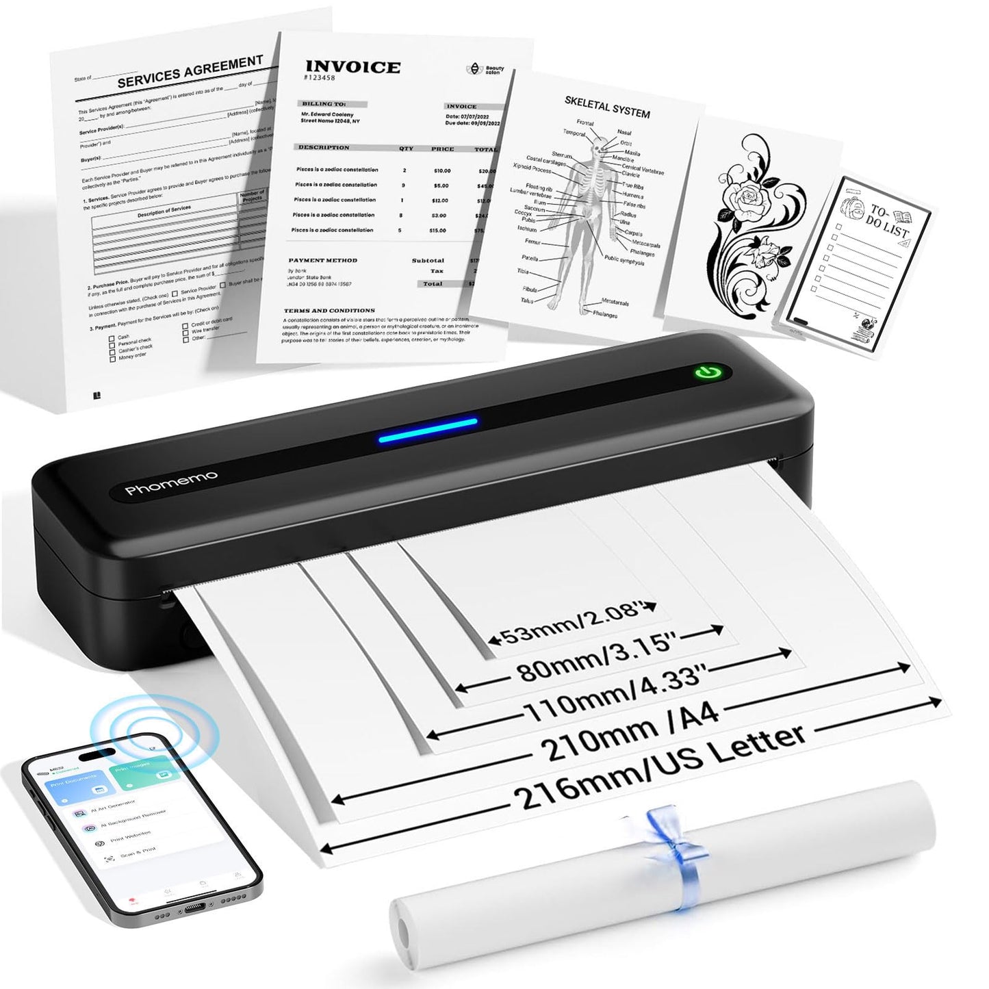 Phomemo M832 Portable Printer, Inkless Thermal Printer for Phone Laptop, Portable Printers Wireless for Travel, Support US Letter & A4 Thermal Paper, Small Bluetooth Mobile Printer for Office Car Home