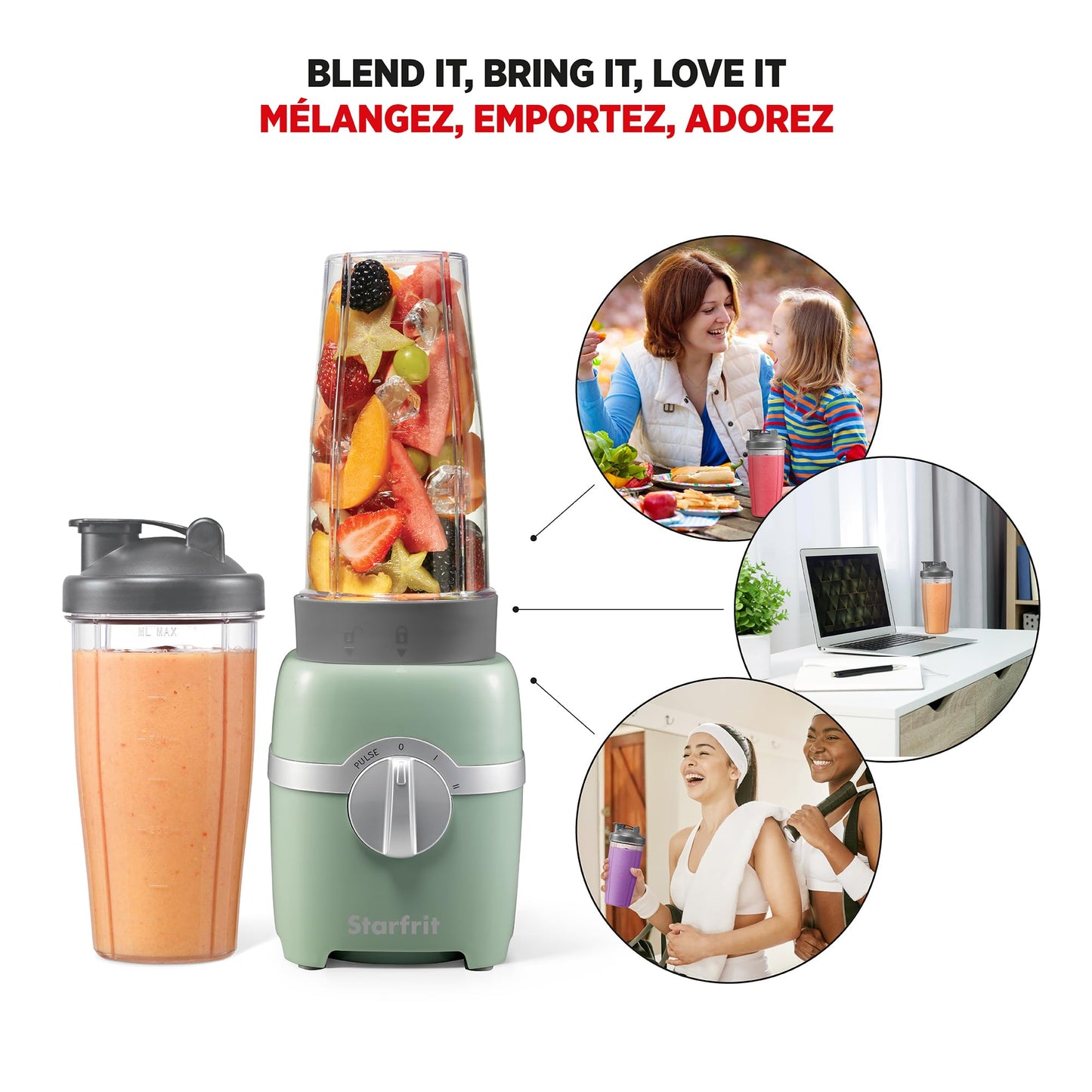 Starfrit Personal Blender - Two 828ml Cups - Two Blades - High, Low & Pulse Modes - 300W - Sage