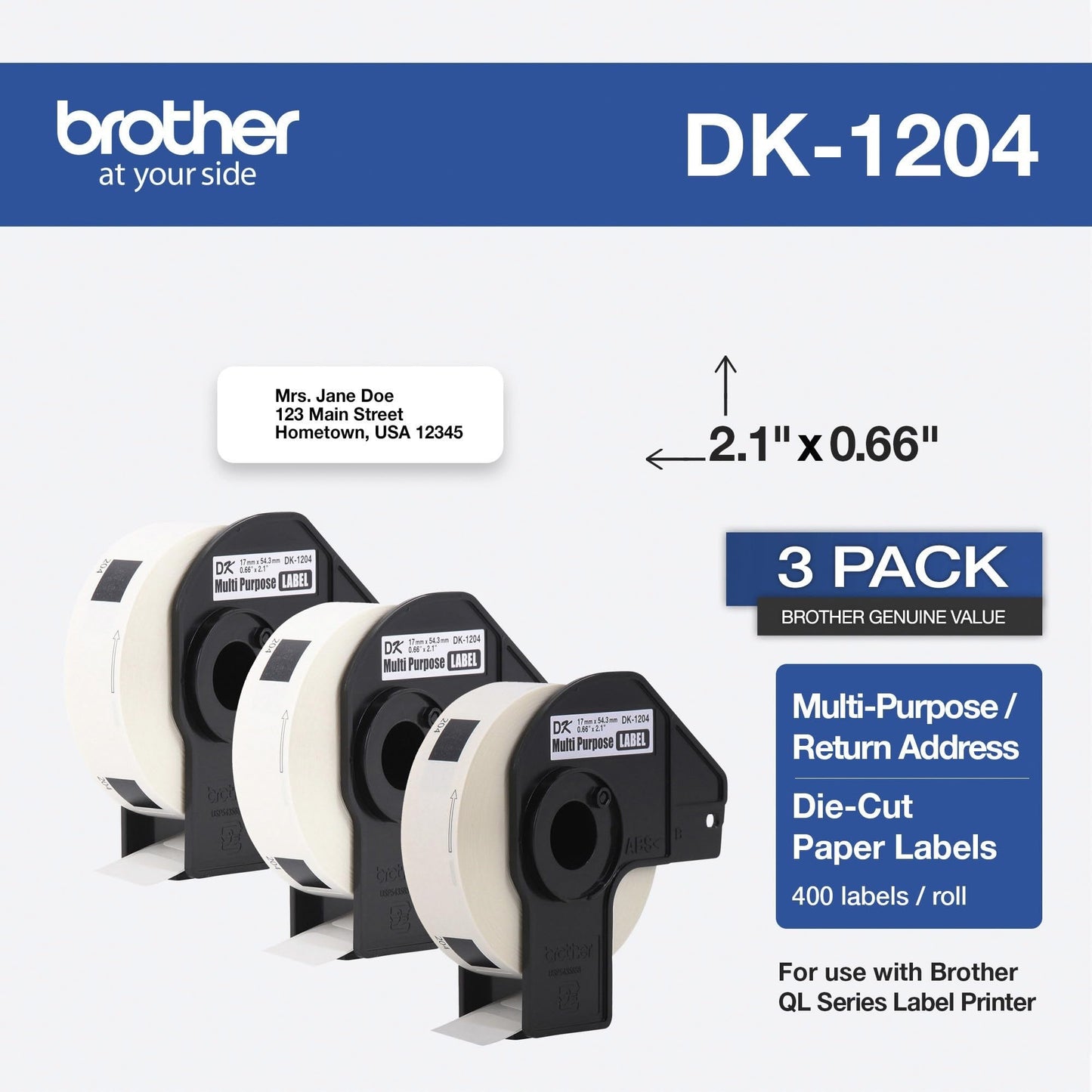 Brother Genuine DK-12043PK Multipurpose Paper Label Roll, Die-Cut Paper Labels, Engineered for Excellence, 400 Labels Per Roll, (3) Rolls per Box (DK12043PK)