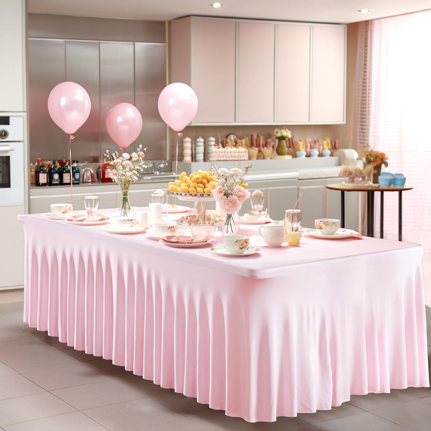 2 Packs Pink Table Clothes for 6 Foot Rectangle Tables, One-Piece Wrinkle Resistant Stretch Spandex Table Covers with Skirt for Event Banquet Wedding Birthday Party