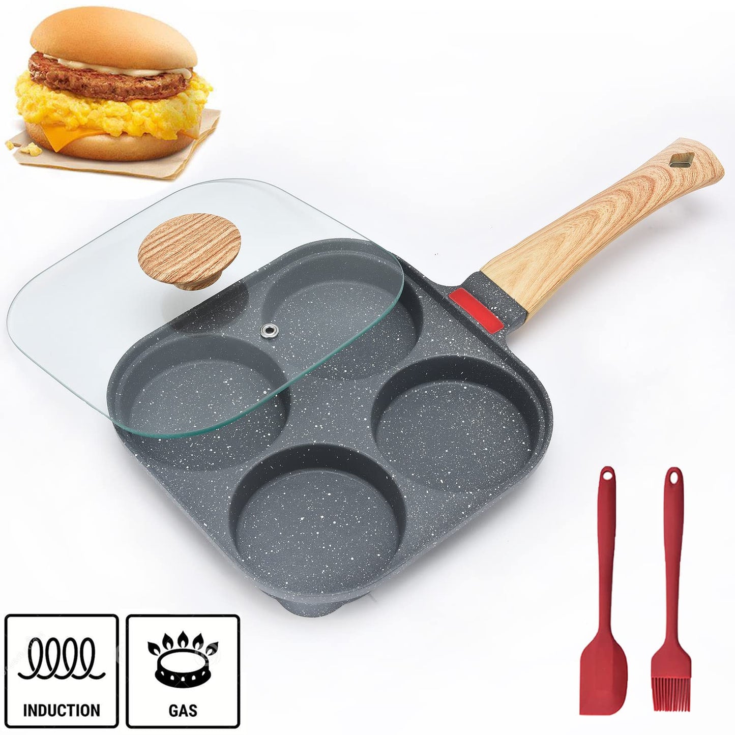 Egg Pan With Lid - 4 Cup Pancake Pan Nonstick Frying Pan Aluminium Alloy Skillet Divided Breakfast Cooker, Suitable for Gas Stove & Induction Cookware