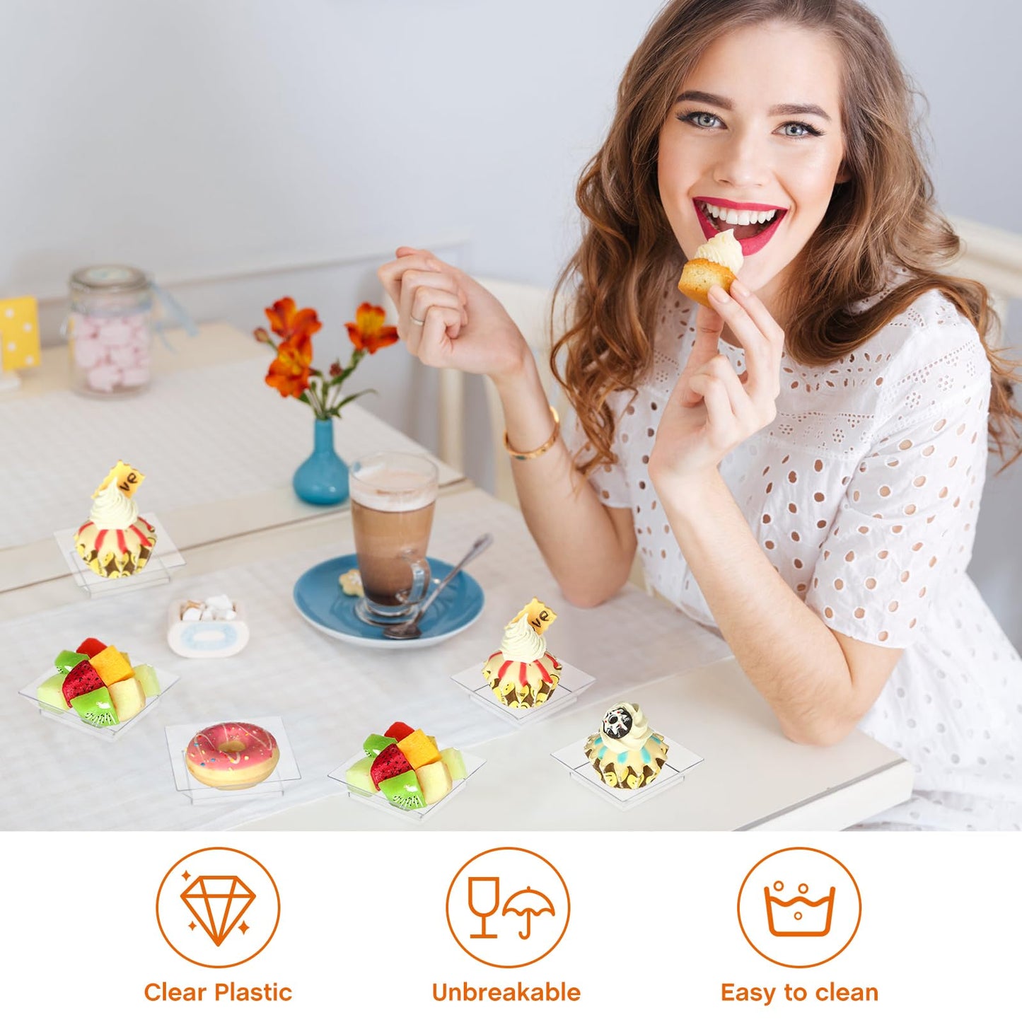 Gandeer 400 Pieces Mini Square Dessert Plates 2.5 x 2.5 Inch Disposable Appetizer Plates Small Clear Plastic Dish for Dessert Salad Appetizer Sauces Tastings Cake Wedding Party Serving (Clear)