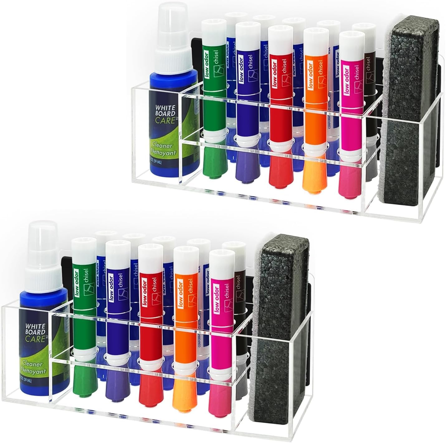 Onilife Acrylic Magnetic Dry Erase Marker Holder for Whiteboard, 10 Slots Wall Mount Magnetic Marker Pen Holder for Office, School and Home, Marker, Eraser and Cleaner Not Included, Clear (2 Pack)