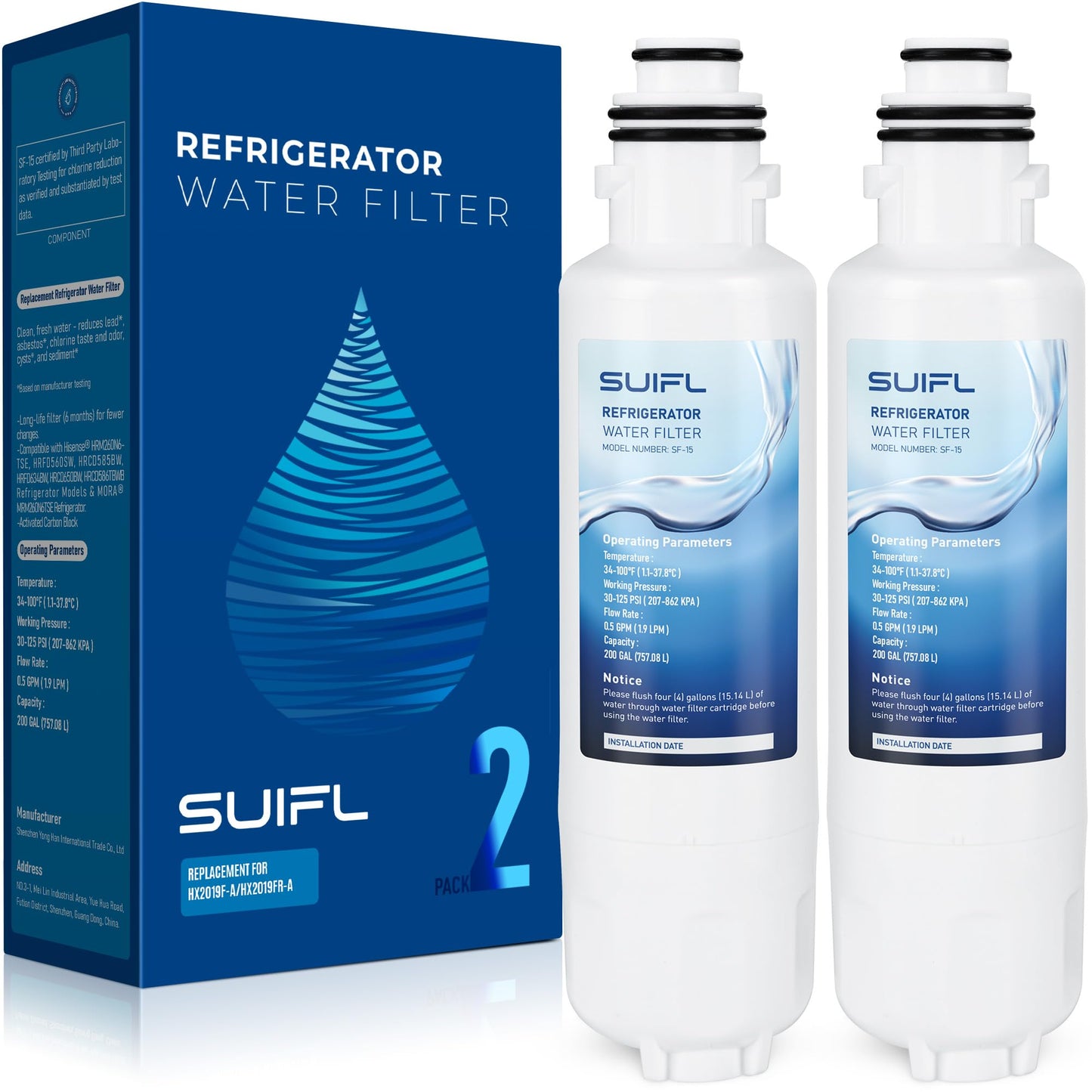 Suifl HX2019FR-A Water Filter Replacement, Compatible with Hisense HX2019FR-A, HX2019F-A, HRM260N6TSE, HRFD560SW, HRCD585BW, HRFD634BW, HRCD650BW, HRCD586TBWB and Mora MRM260N6TSE, 2 Pack