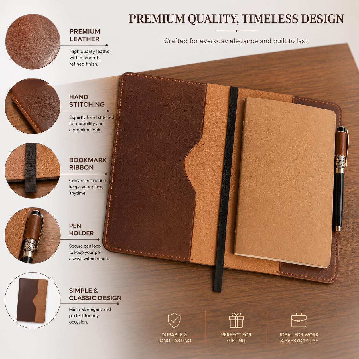 CestAntiQ, A5 Leather Journal Cover, Refillable Journal Cover for Large Moleskine and LEUCHTTURM1917 Medium A5, Leather Handmade Notebook Cover, 9 x 6 Inches Leather Bound Journal (Tan)