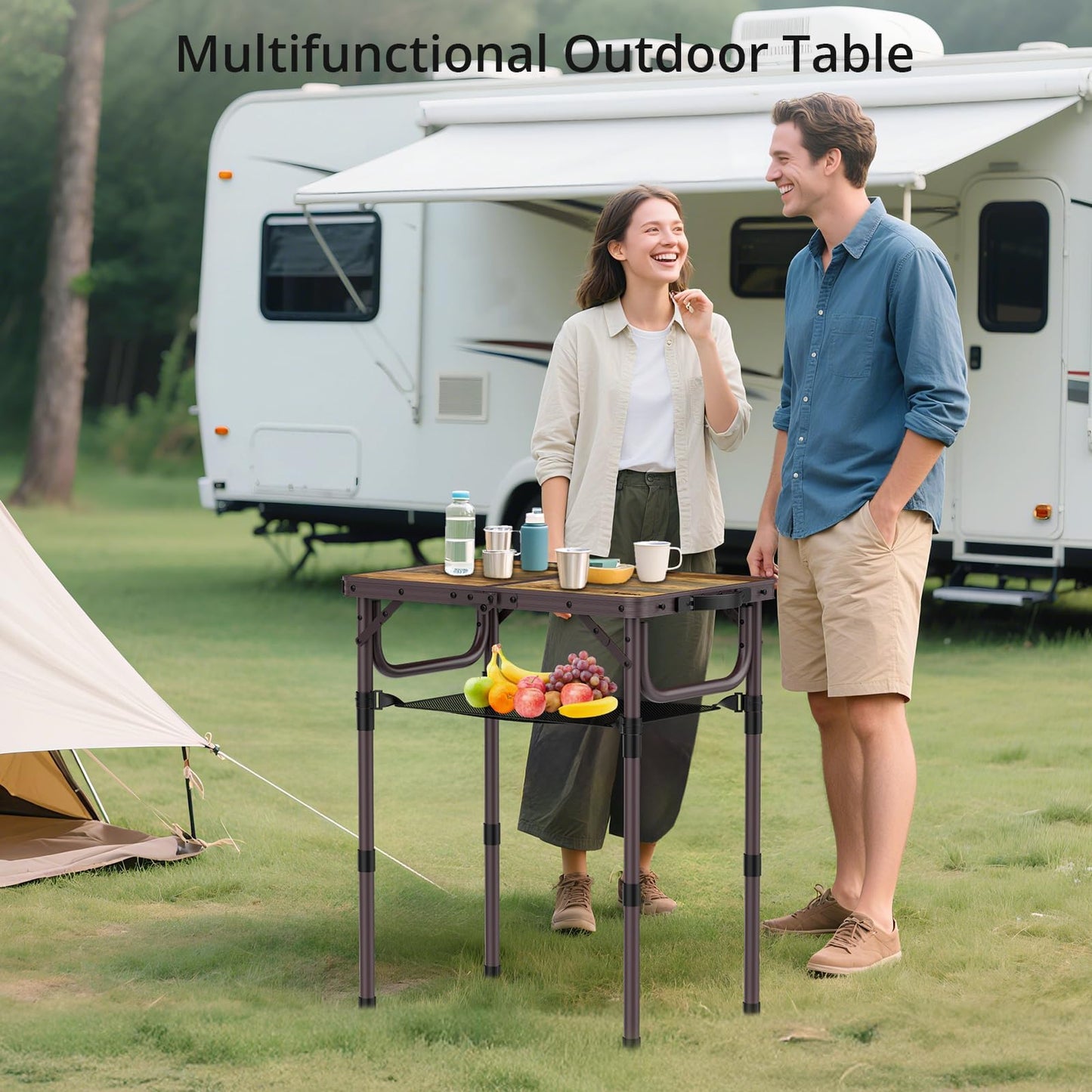 Anbte 2ft Camping Table Foldable with Storage Net, 3 Adjustable Heights 27.5" Aluminum Small Portable Table with Carrying Handle, for Outdoor Indoor Picnic Beach Party Travel, 24" X 16", Brown