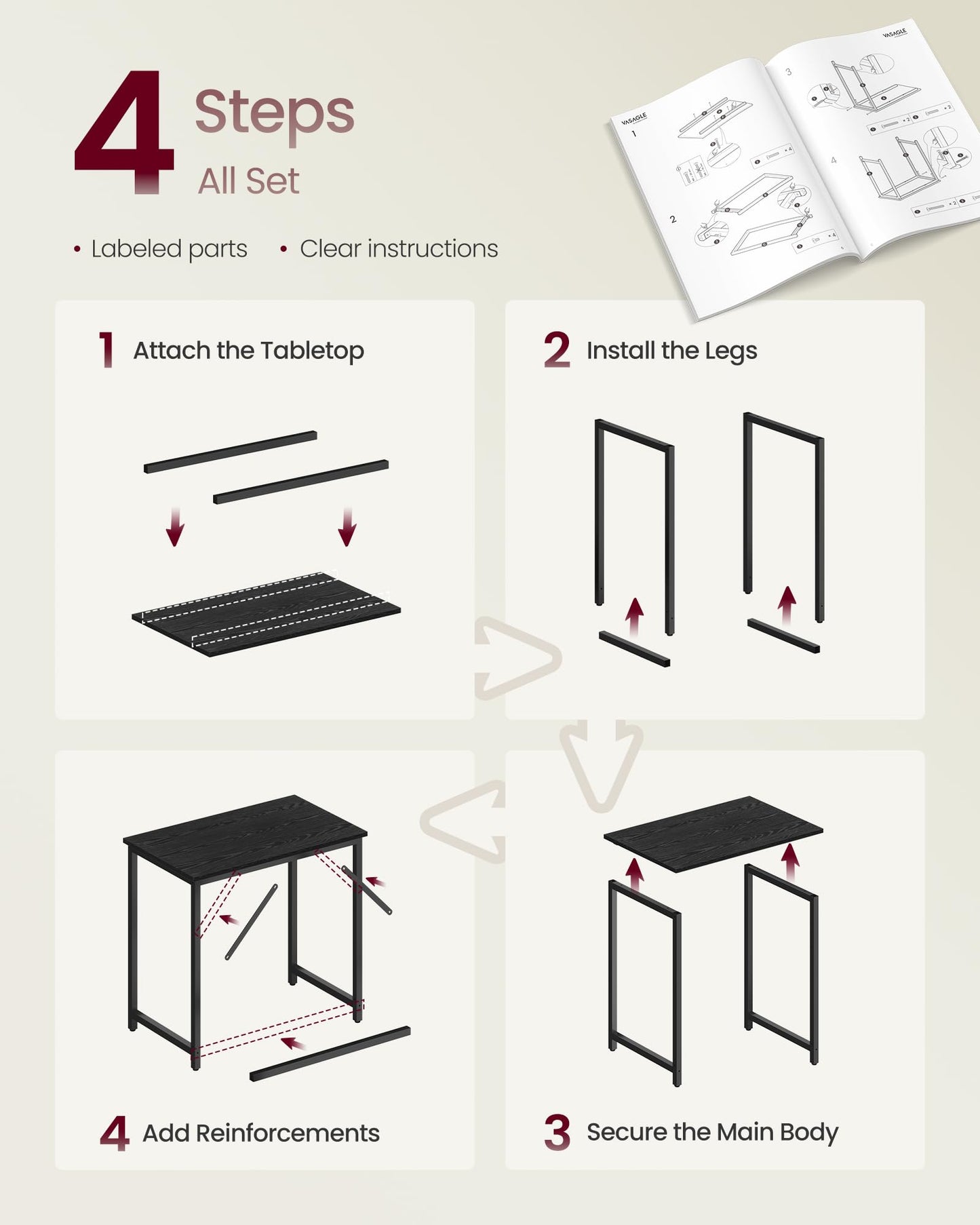 VASAGLE Computer Desk, Gaming Desk, Home Office Desk, for Small Spaces, 19.7 x 31.5 x 29.5 Inches, Modern Style, Metal Frame, Ebony Black and Ink Black ULWD038B56V2