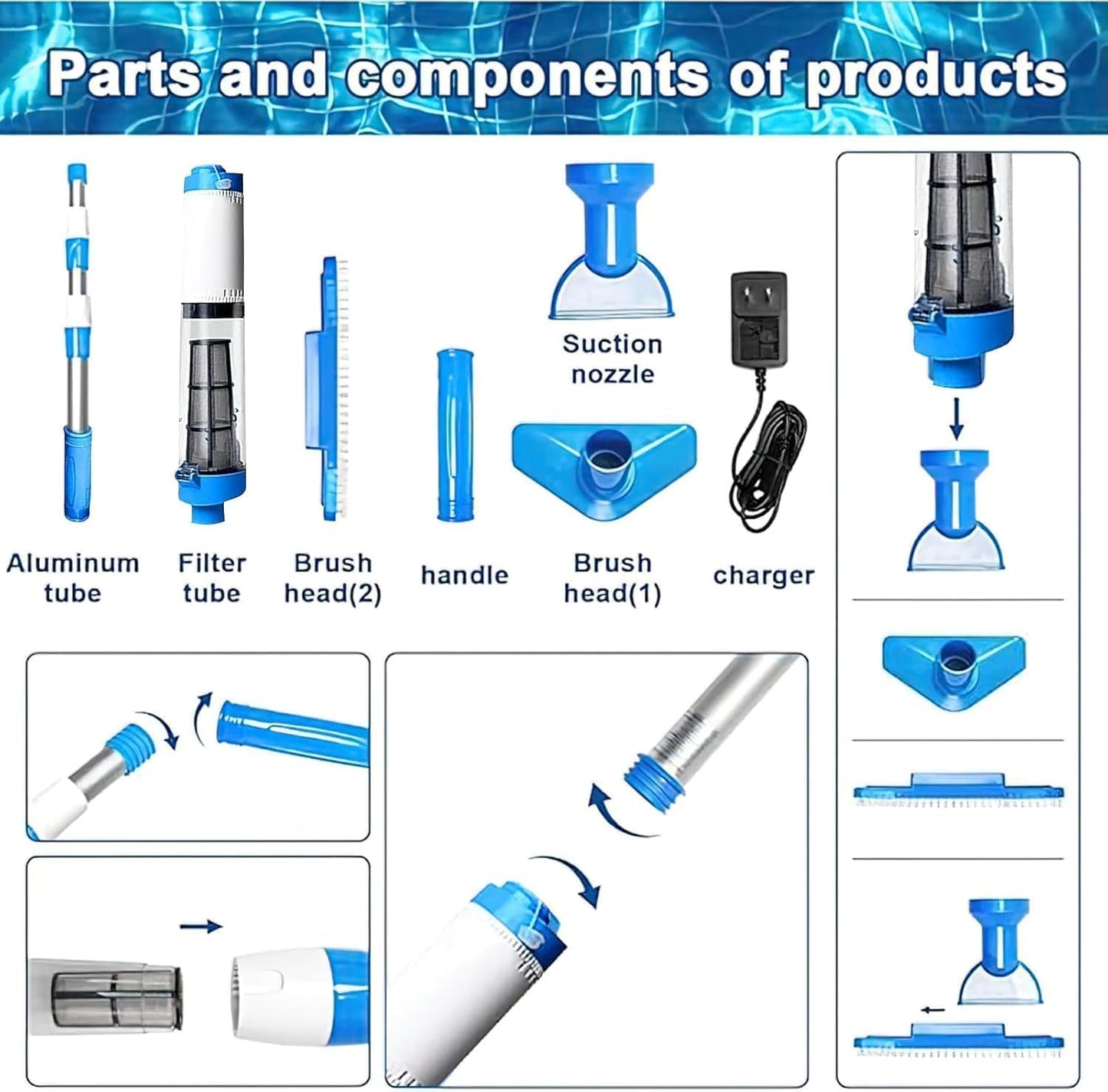 3-in-1 Cordless Rechargeable Pool Vacuum Cleaner – Handheld Design Perfect for Cleaning Spas, Hot Tubs and Small Pools, Removes Sand, Dirt and Debris with Ease