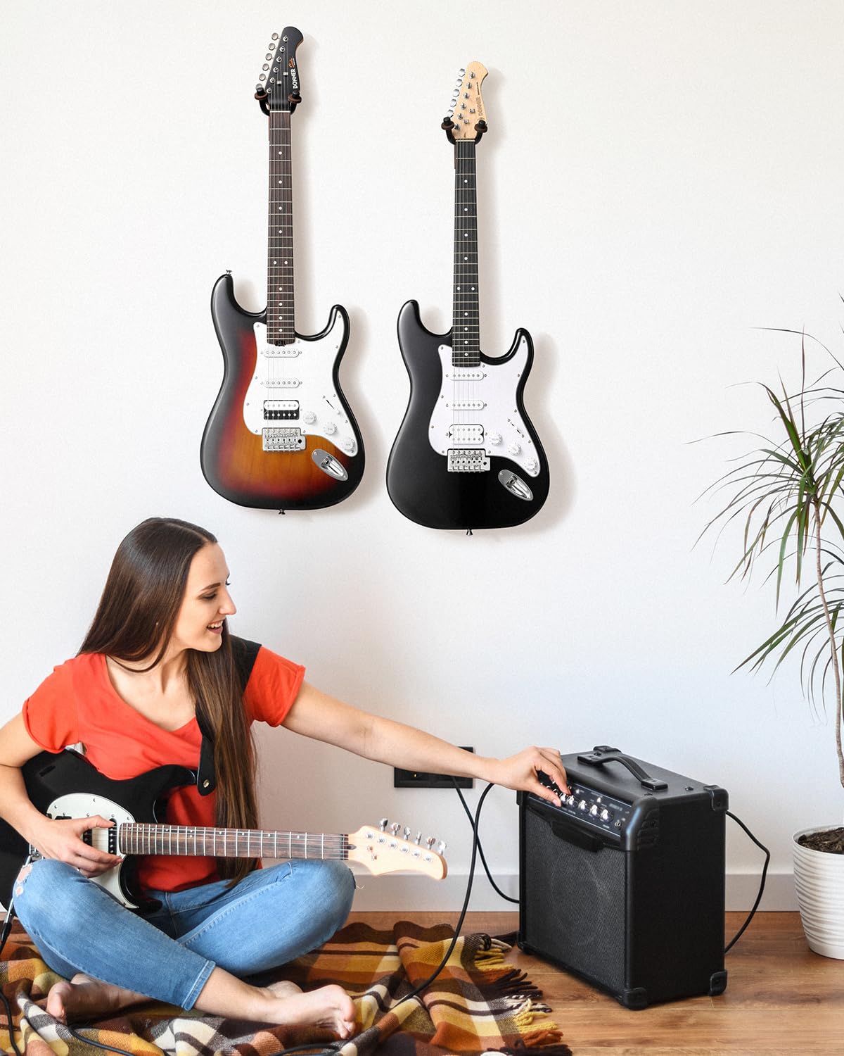 Donner Guitar Wall Mount Hanger 6-Pack, Black Walnut Guitar Wall Holder for Acoustic Electric Guitars, Bass, Ukulele, Violin, Mandolin, Banjo and String Instruments