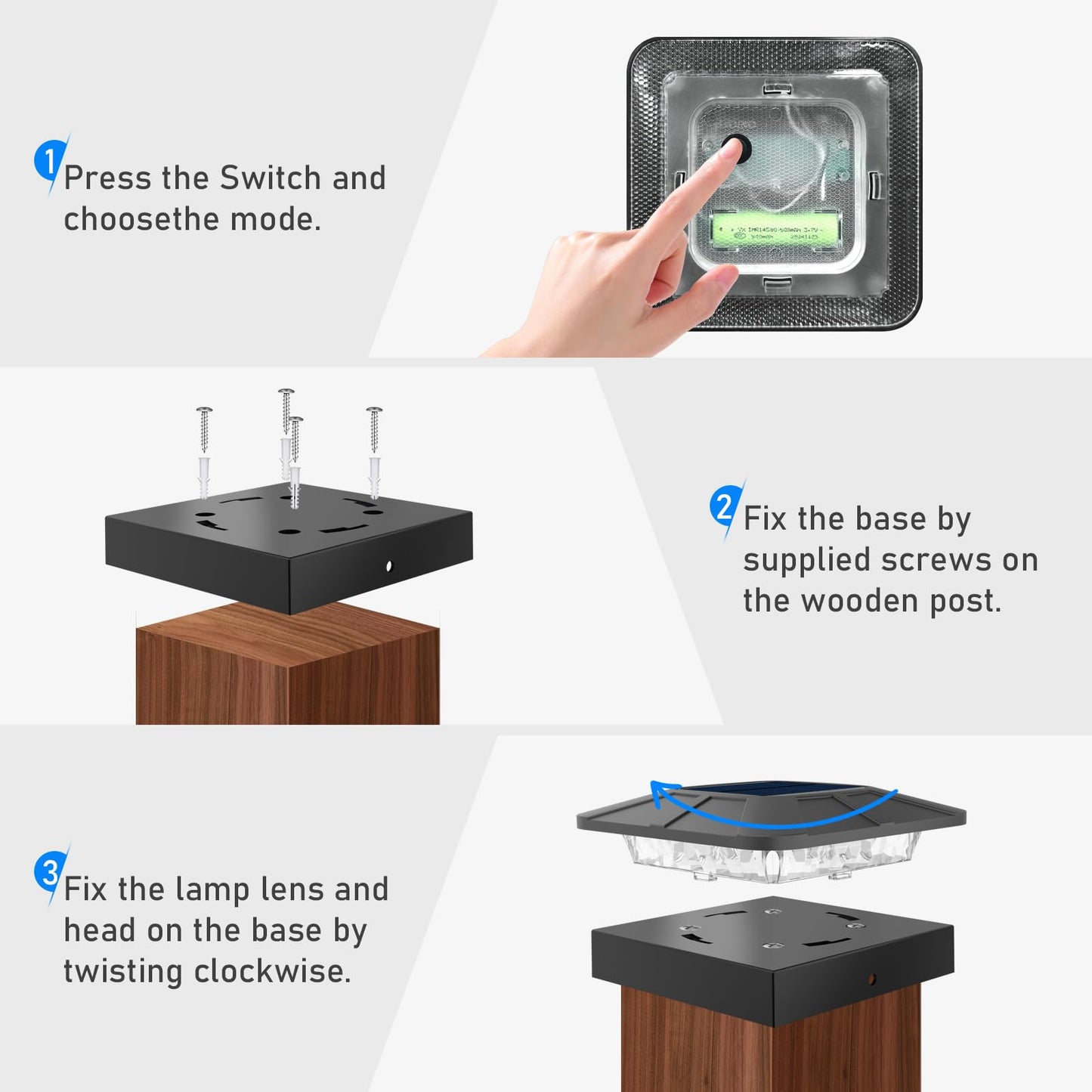 peasur 4x4 Solar Post Caps Lights, 3 Modes Fence Post Solar Lights for Outdoor Vinyl Wooden Posts, Waterproof Deck Post Solar Lights for Garden Porch, Black 4 Pack
